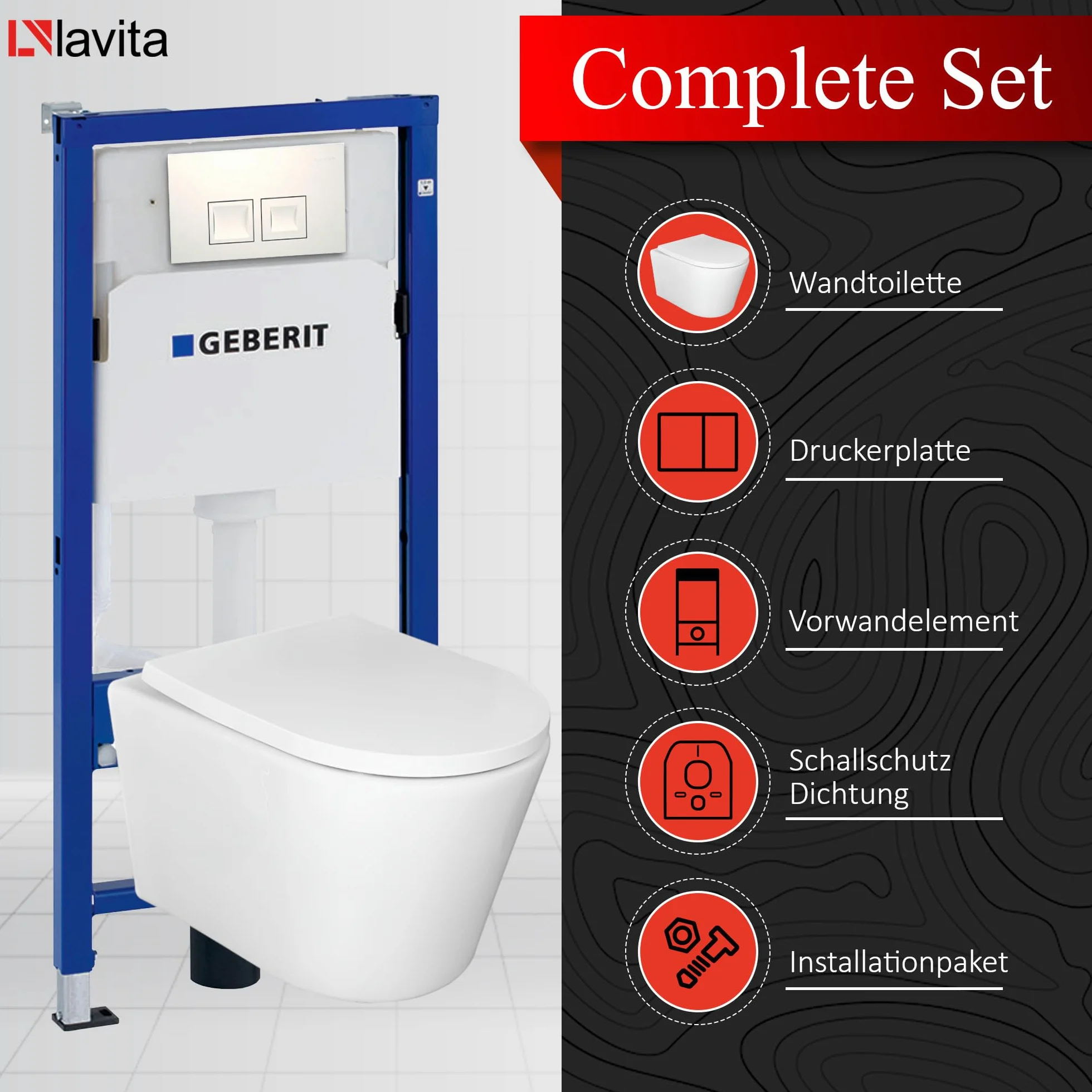 Lavita Conjunto: elemento de pared Duofix Basic WC de descarga profundaVersoni blanco sin reborde con sistema de descarga Tornado+asiento de WC con cierre automático+con botón blanco Conjunto completo