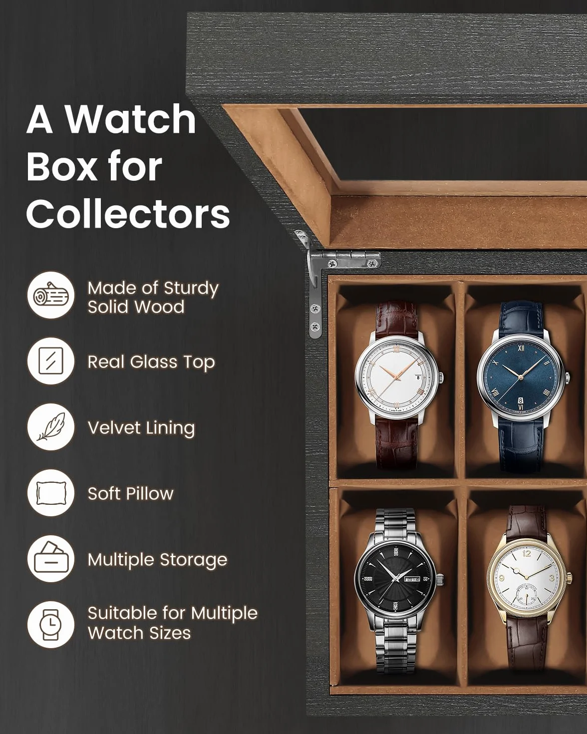 Uten Caja de Relojes con 12 Compartimentos, Caja para Reloje Madera, Tapa de Vidrio y Almohada Algodón Seda, Forro Marrón, para Exhibición y Almacenamiento de Relojes Joyería, Regalo Ideal