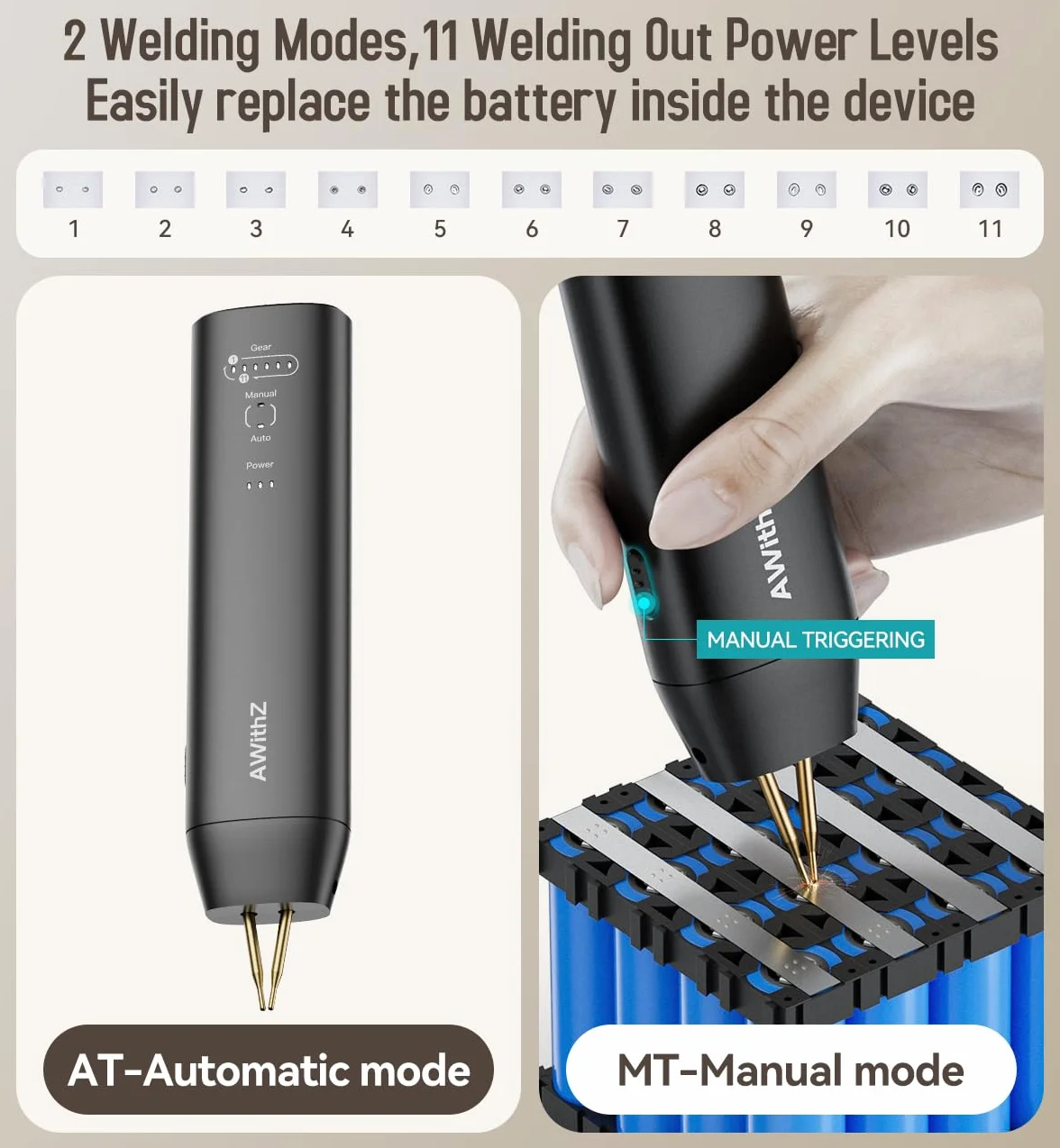 Soldadora por puntos para baterías, AWithZ soldadora de puntos H1, con agujas de repuesto, 11 engranajes ajustables, modo automático y manual para batería 18650, soldadura de láminas de níquel-platino