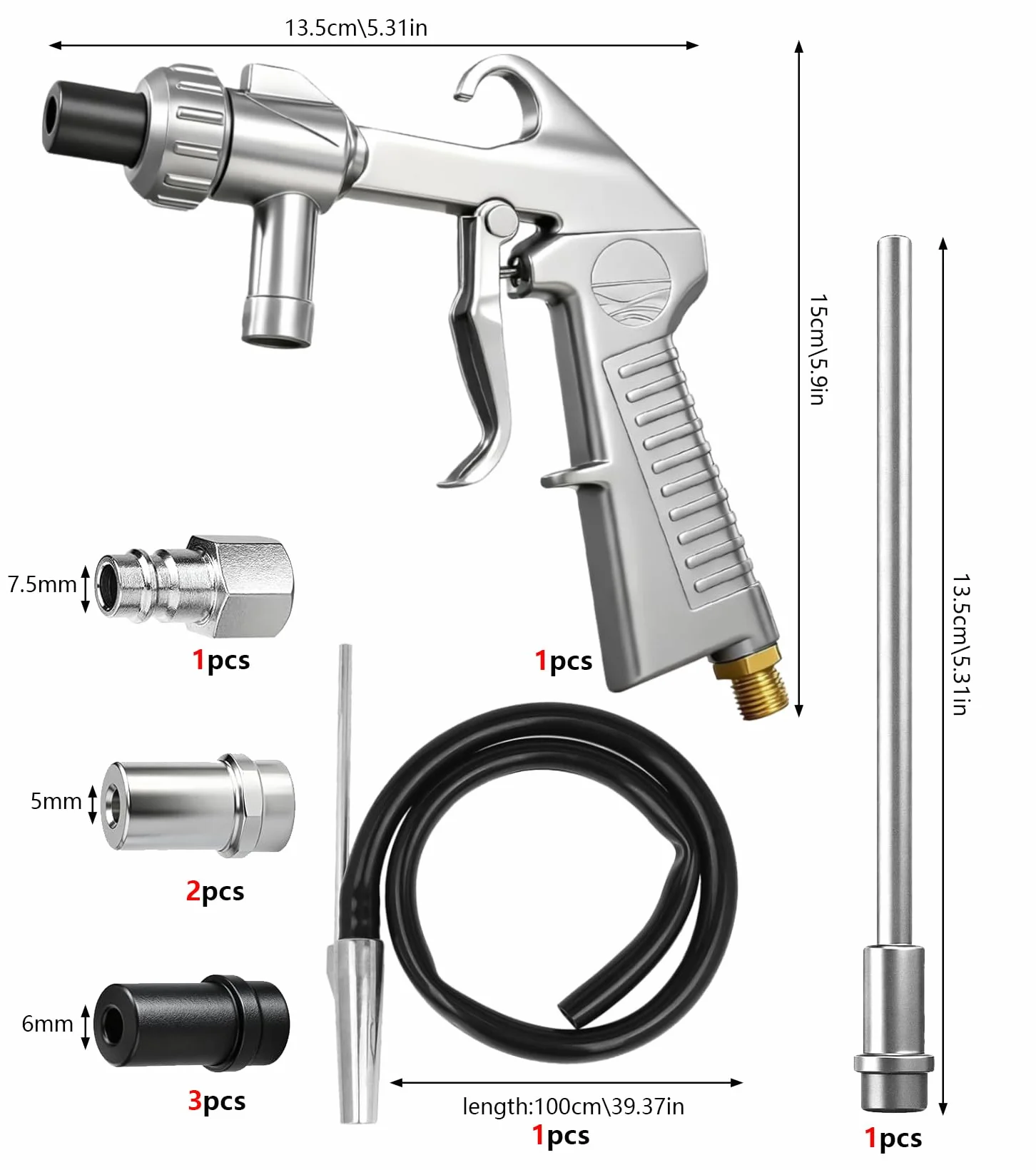 Juego de pistola chorro de arena con boquilla larga, calibre 5 mm/6 mm, transportador de succión, manguera de goma de 1 m, conexión de entrada de aire, desengrasante y agente de limpieza