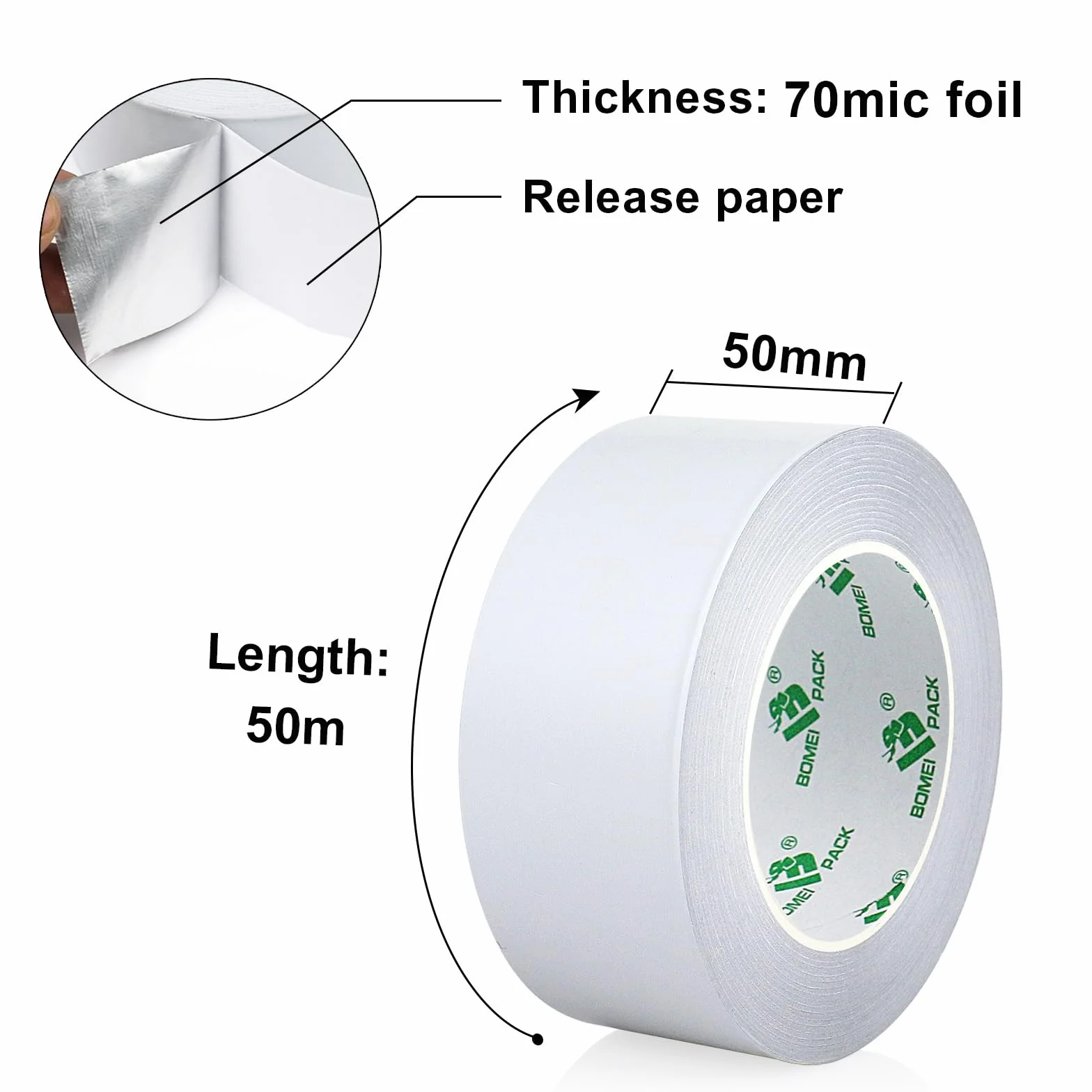 BOMEI PACK 2 rollos de cinta de aluminio blanco de 50 mm x 50 m, resistente al calor, cinta de lámina de alta temperatura, 2 pulgadas, reparación de tuberías aislantes, calefacción, ventilación