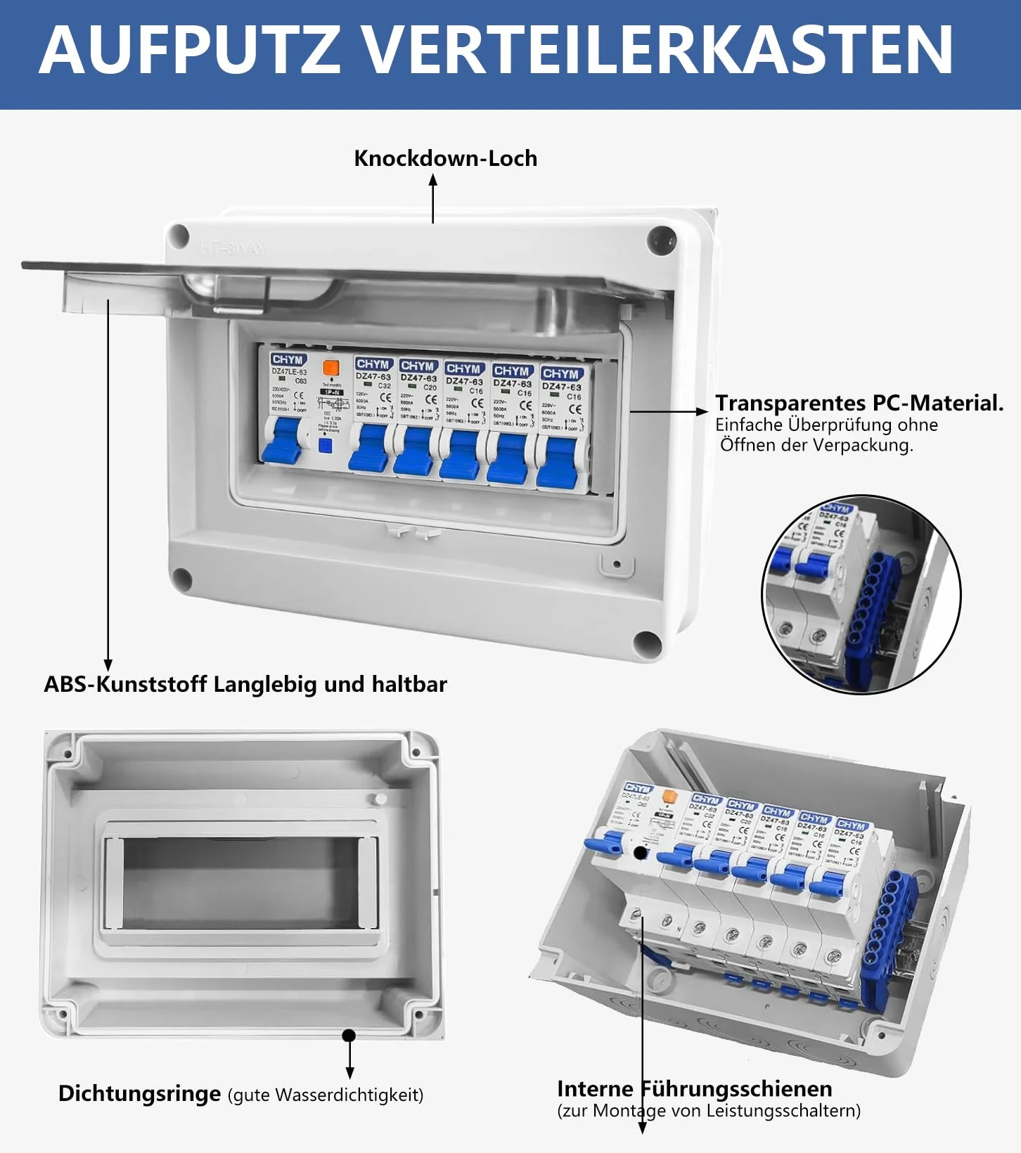 Caja de fusibles empotrada, caja de distribución con interruptor de protección Fi, subdistribución para garajes, talleres, disyuntor IP65 63 A, interruptor de separación AC 33x16A+20A+32A