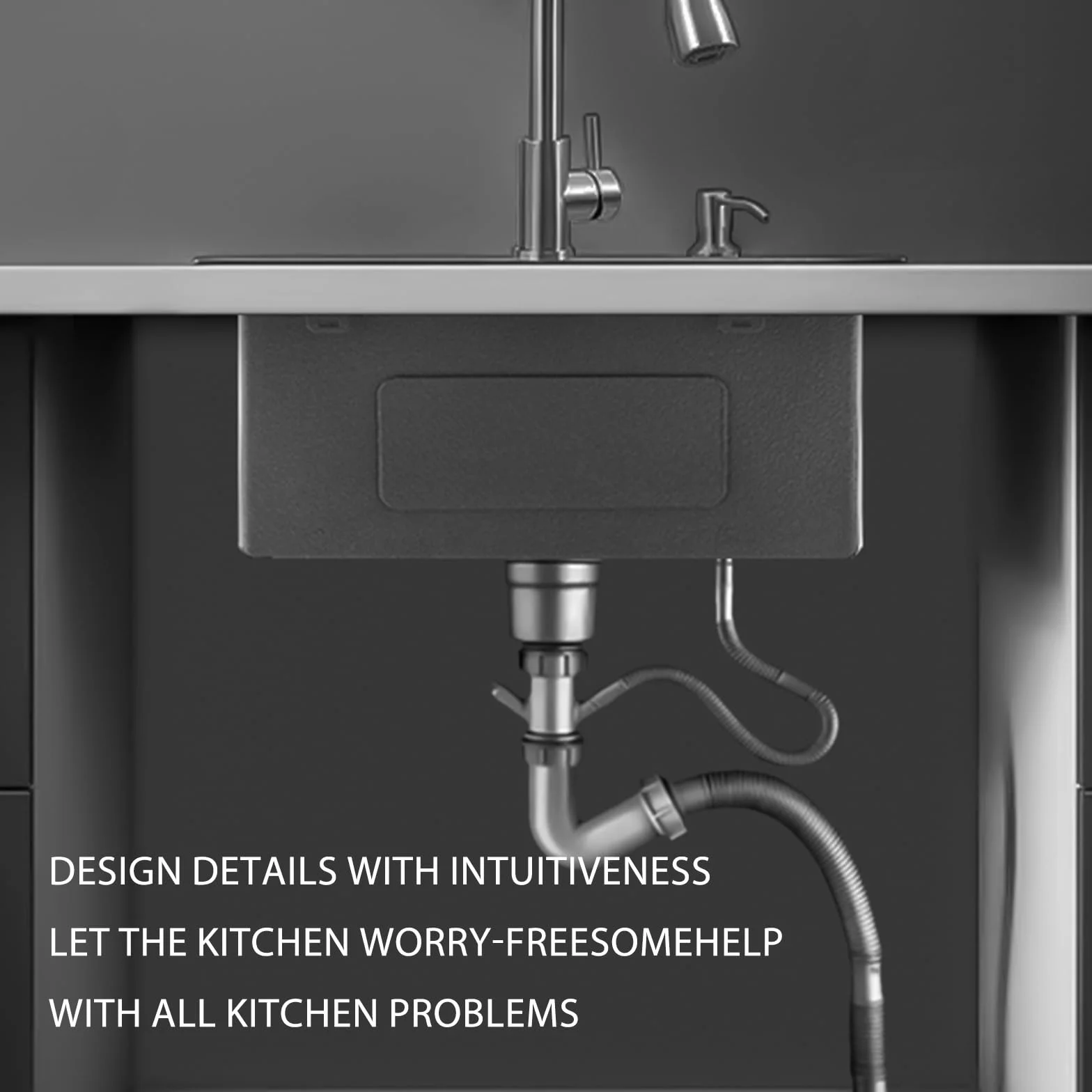 Fregadero de acero inoxidable 40 x 45 cm antracita + grifo de cocina extensible, juego completo de fregadero de cocina BoomHoze cuadrado empotrable pequeño para armario bajo de 40 cm