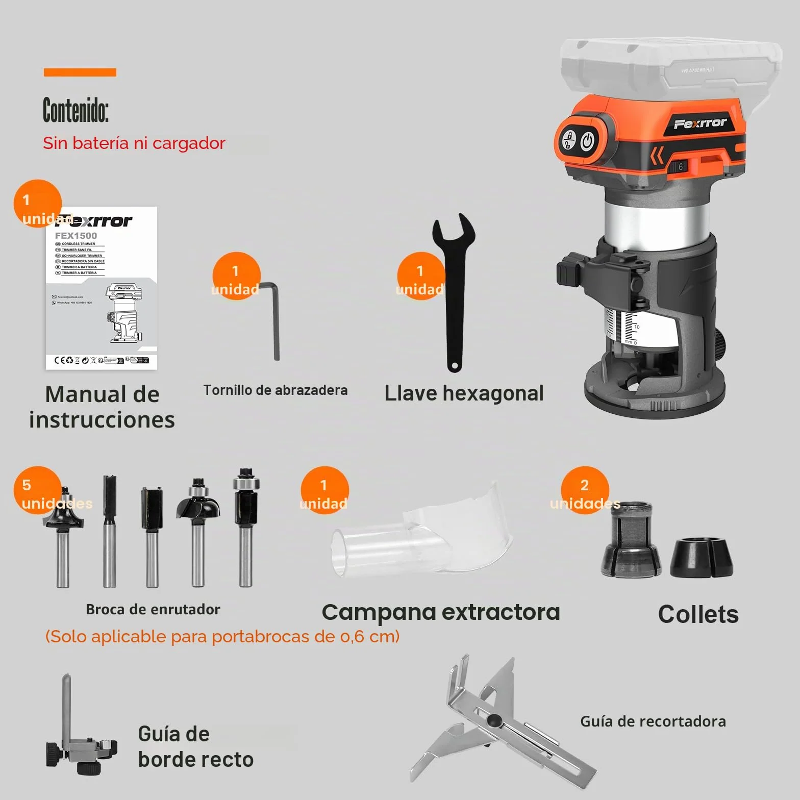Fresadora de Madera Compatible con Makita 18V Batería, Fresadora de Mano con 6 Velocidades, Motor Sin Escobillas, 30000 RPM, 5 Piezas Fresas (Sin Batería)