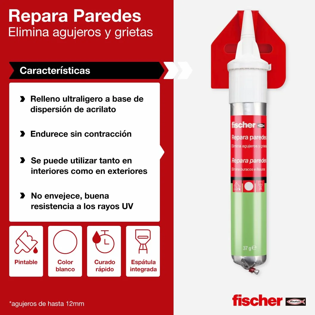 fischer - Masilla Adhesiva Repara Paredes, Compatible con Placas de Yeso PLADUR®, Cemento, Hormigón o Mamposteria | Para Tapar Agujeros Pared, Reparador de Pared | Incluye Espátula (75 ml)