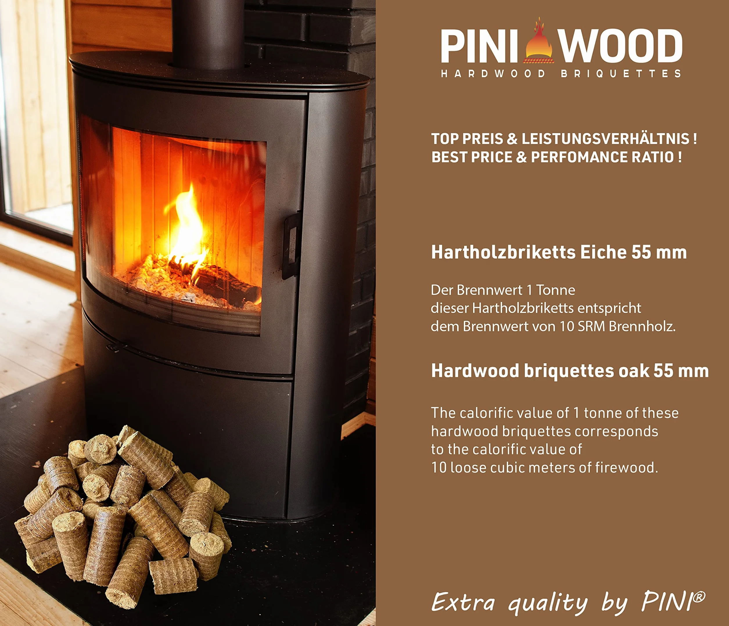 PINI Briquetas de madera dura, 100% roble, 30 kg, chimenea, estufa, leña, barbacoa, briquetas de roble con larga duración de combustión