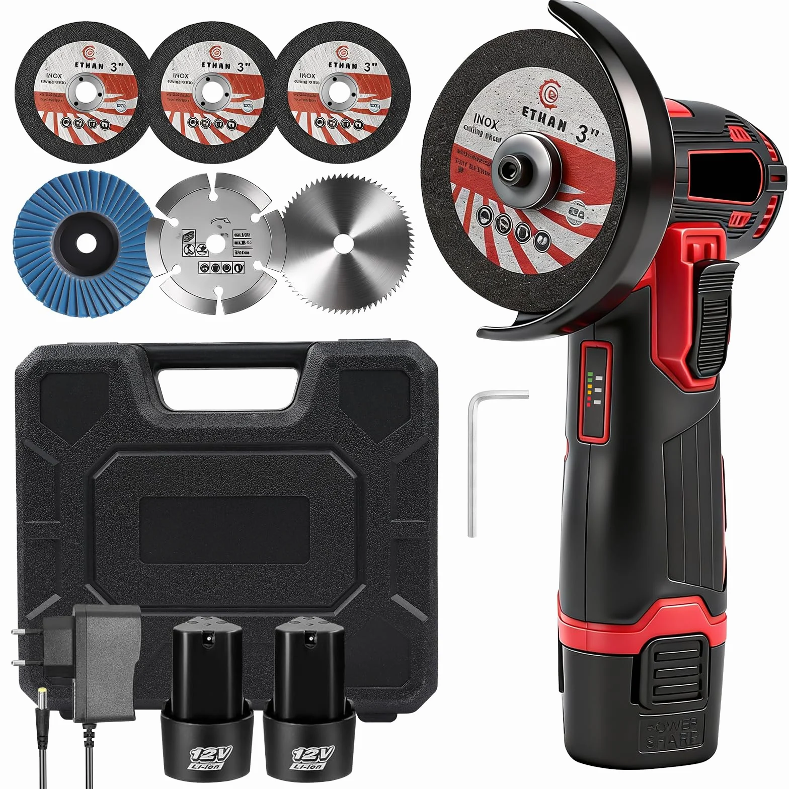 Mini Amoladora Angular Bateria, 19500rpm 76mm Mini Radial Bateria Con 2 Baterías 1300mAh 12V Y Discos Para Cortar Y Pulir, PequeñA Amoladora Inalambrica Para Esmerilar, Pulir, Cortar
