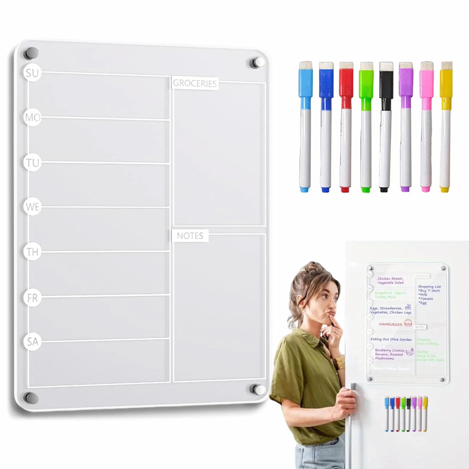 Acrylic Meal Planner, Magnetic Whiteboard Weekly Planner with 8 Markers, Erasable Note Board for Shopping List, Chore Chart