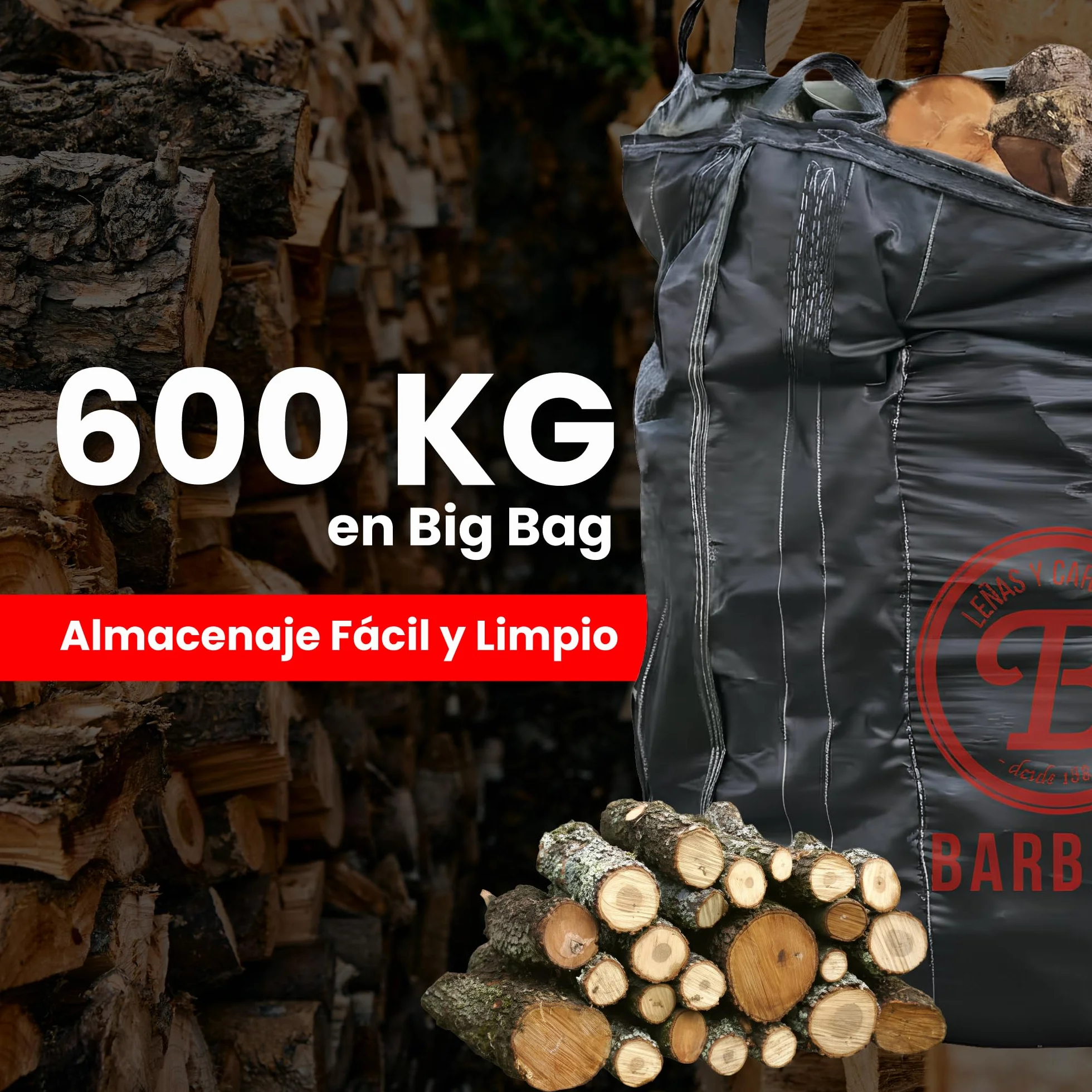 Leña Encina Big Bag 600kg Madera Dura Natural Alta Densidad Calor Intenso Combustión Lenta Ideal Chimenea Estufa Caldera Restaurantes Casas Rurales Bajo Humedad Entrega Volumen Fuego Constante
