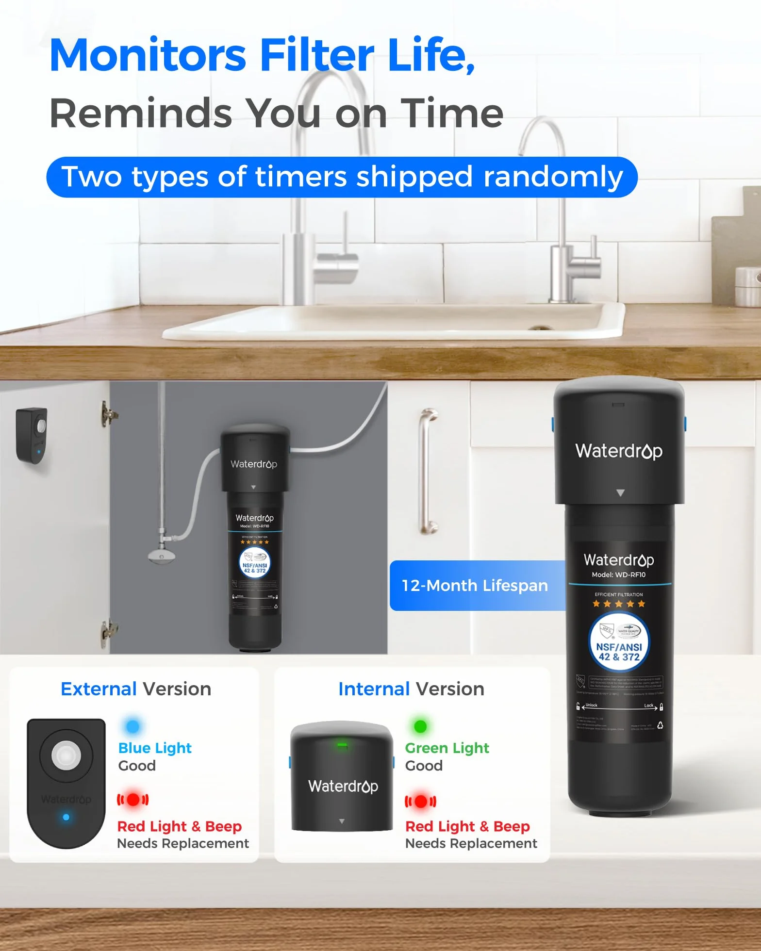 Waterdrop 10UB Sistema de Filtro de Agua para Debajo con Grifo Dedicado, 11000 Galones Filtro de Cocina Alta Capacidad, Certificado NSF/ANSI 42, Reduce el 99,99% de Plomo, Cloro, Mal Sabor