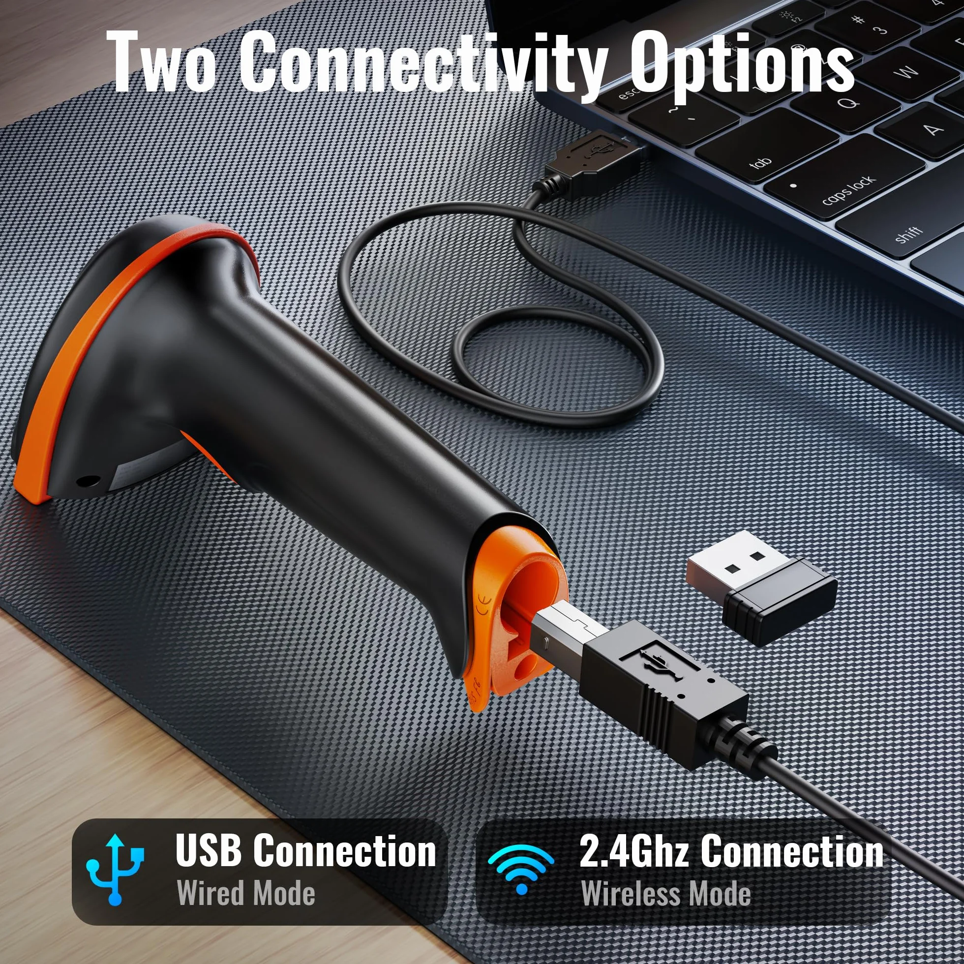 Tera Lector de Código de Barras Portátil Inalámbrico 1D Láser Inalámbrico y con Cable USB Indicador de Nivel de Batería Extra Grande de 2000mAh, Modelo 5100, Naranja/Negro