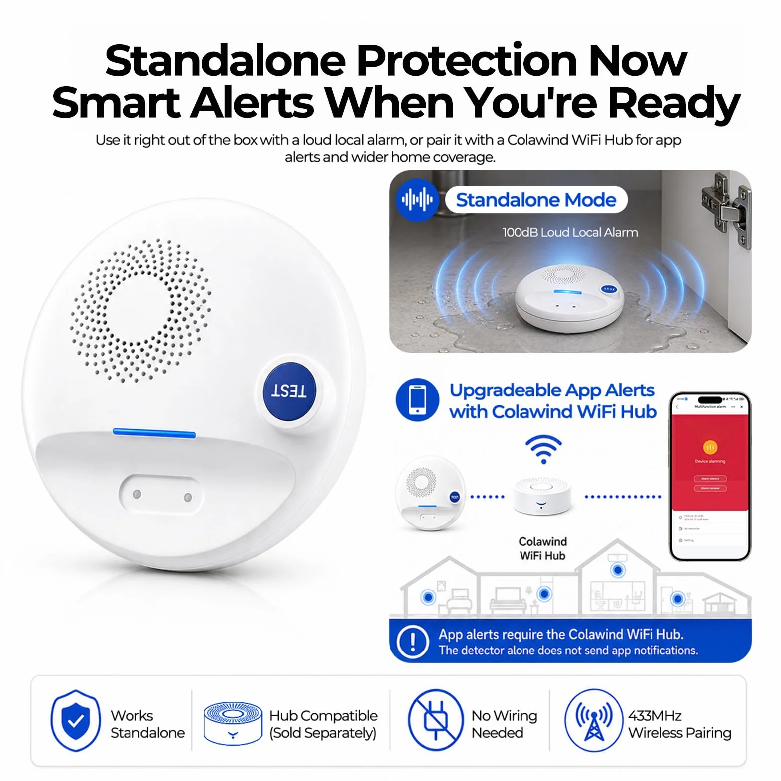 Detector de Fugas de Agua Inalámbrico Doble Sonda IP67 100dB Alarma Smart Hub