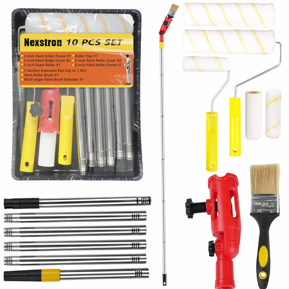 Kit Completo de Rodillos de Pintura 11 Piezas, Barra Extensible de 1,9m, Bandejas para Pintura, Extensor Multiangular para Paredes, Bordes y Techos