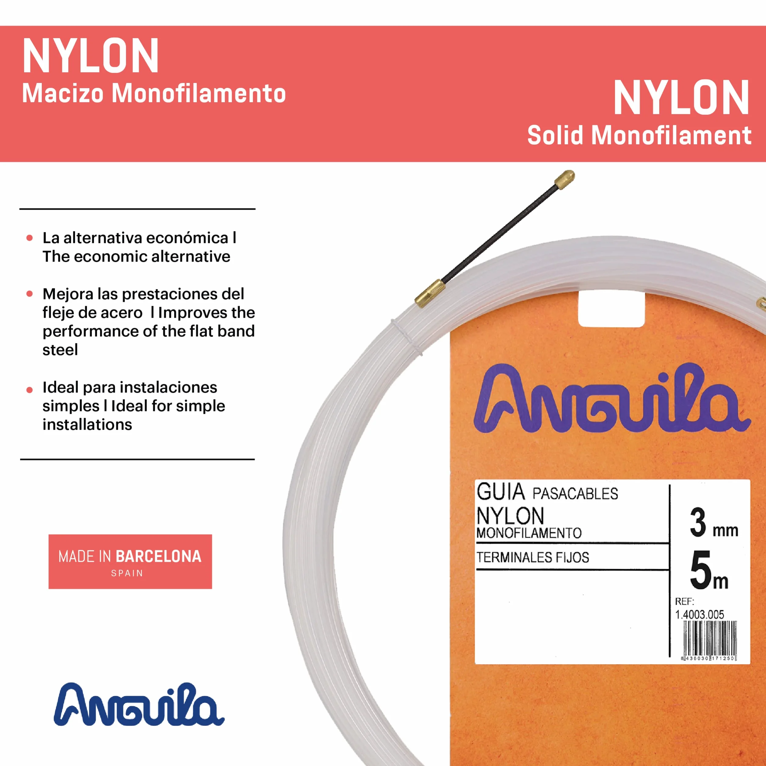 Anguila | Guía Pasacables | Terminales Fijos | Monofilamento | Nylon | Color Blanco | Diámetro 3mm| 5 Metros