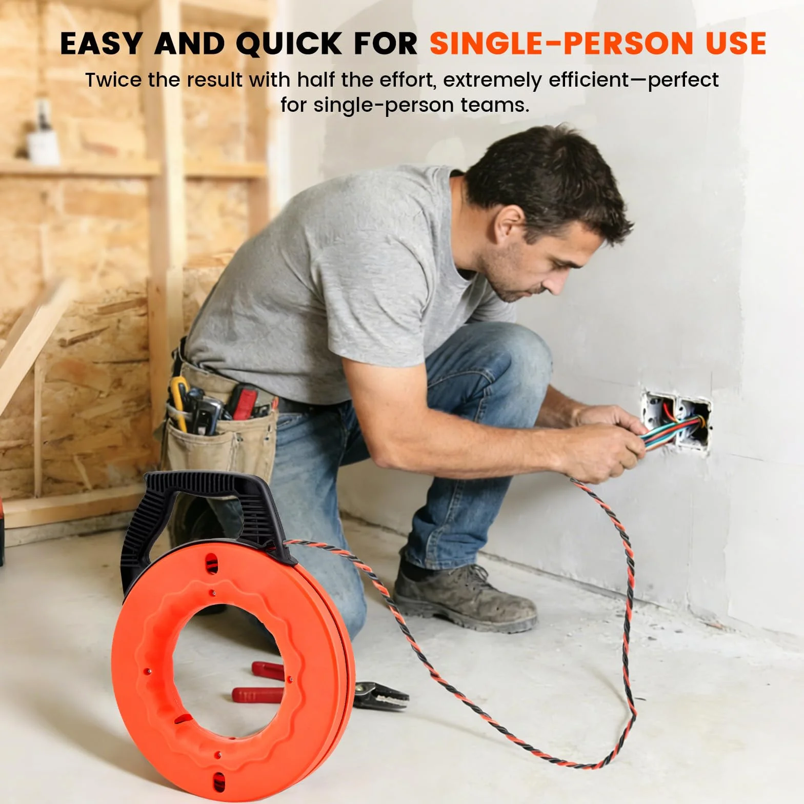 Guía Pasacables 30m, Enhebrador de Alambre Electrico Diámetro 5 mm, Sonda Guía para Electricista con 2 Muelles de Guía, con Mango, Herramienta para Pasar Cables en Instalaciones Eléctricas (Naranja)