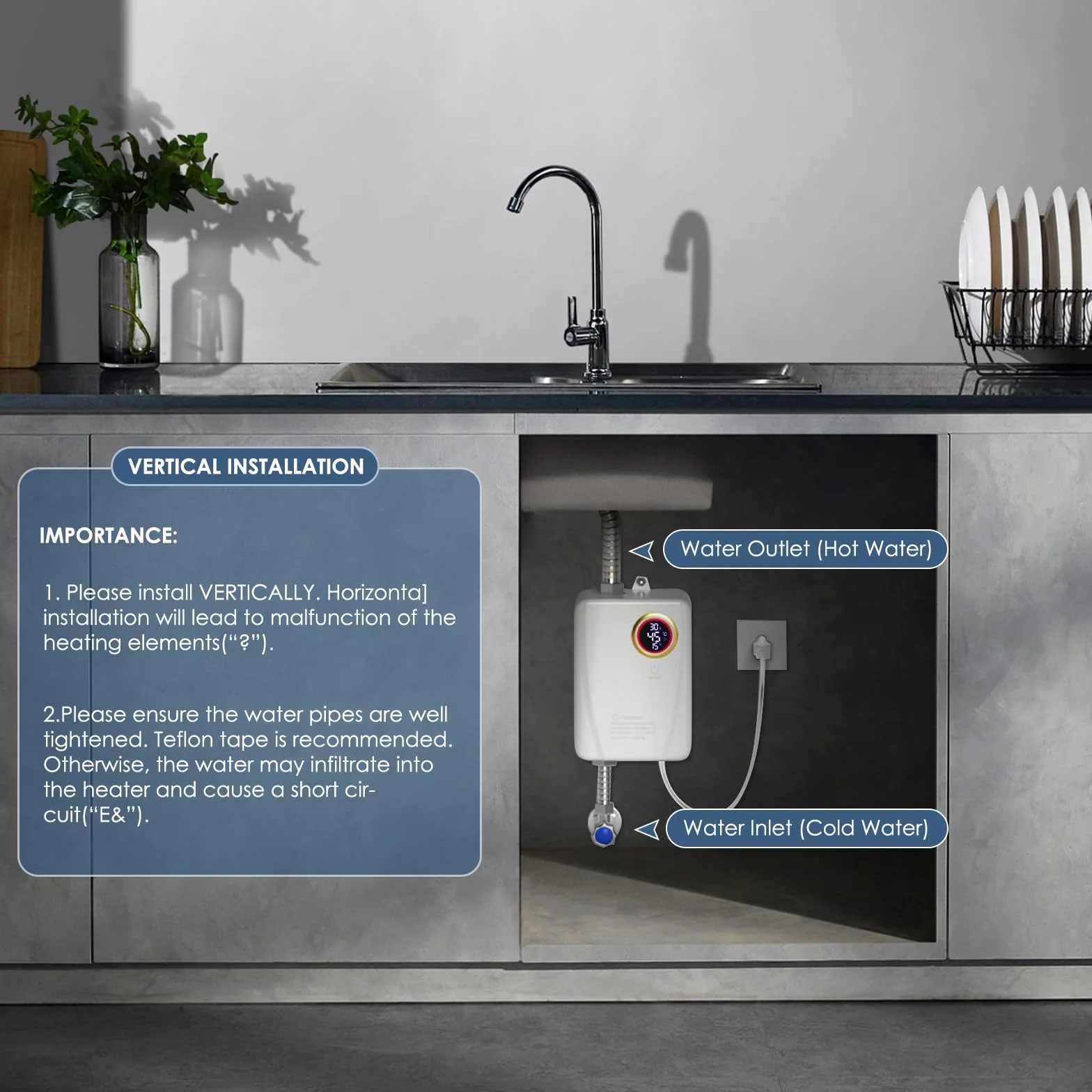Mini calentador de agua instantáneo de 3500 W, calentador electrónico bajo fregadero con pantalla LED de temperatura. Calentador de agua instantáneo con control electrónico. compacta bajo fregadero