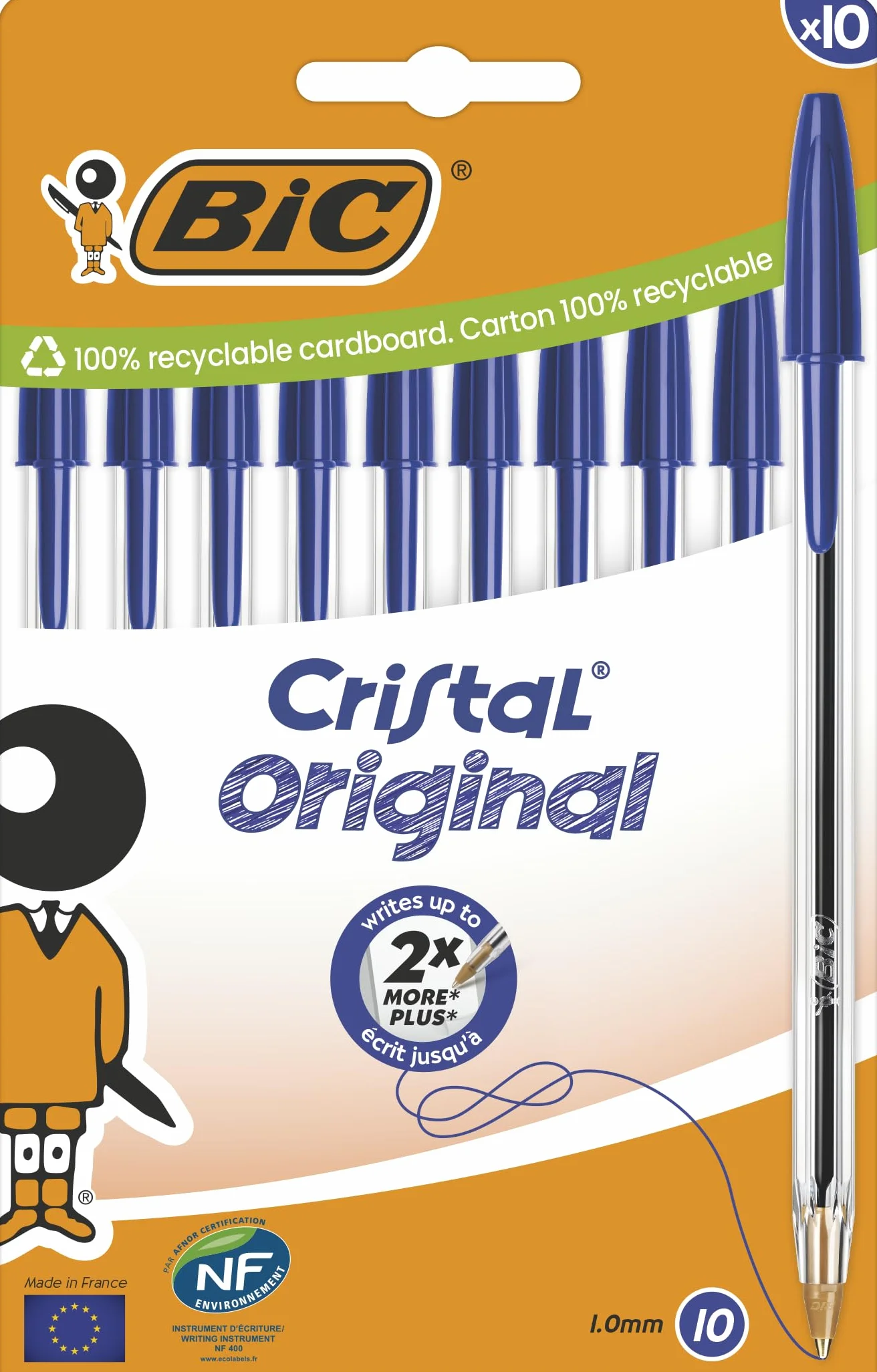 BIC Cristal Original Bolígrafos Punta Media 1,00 mm Azul Caja 10