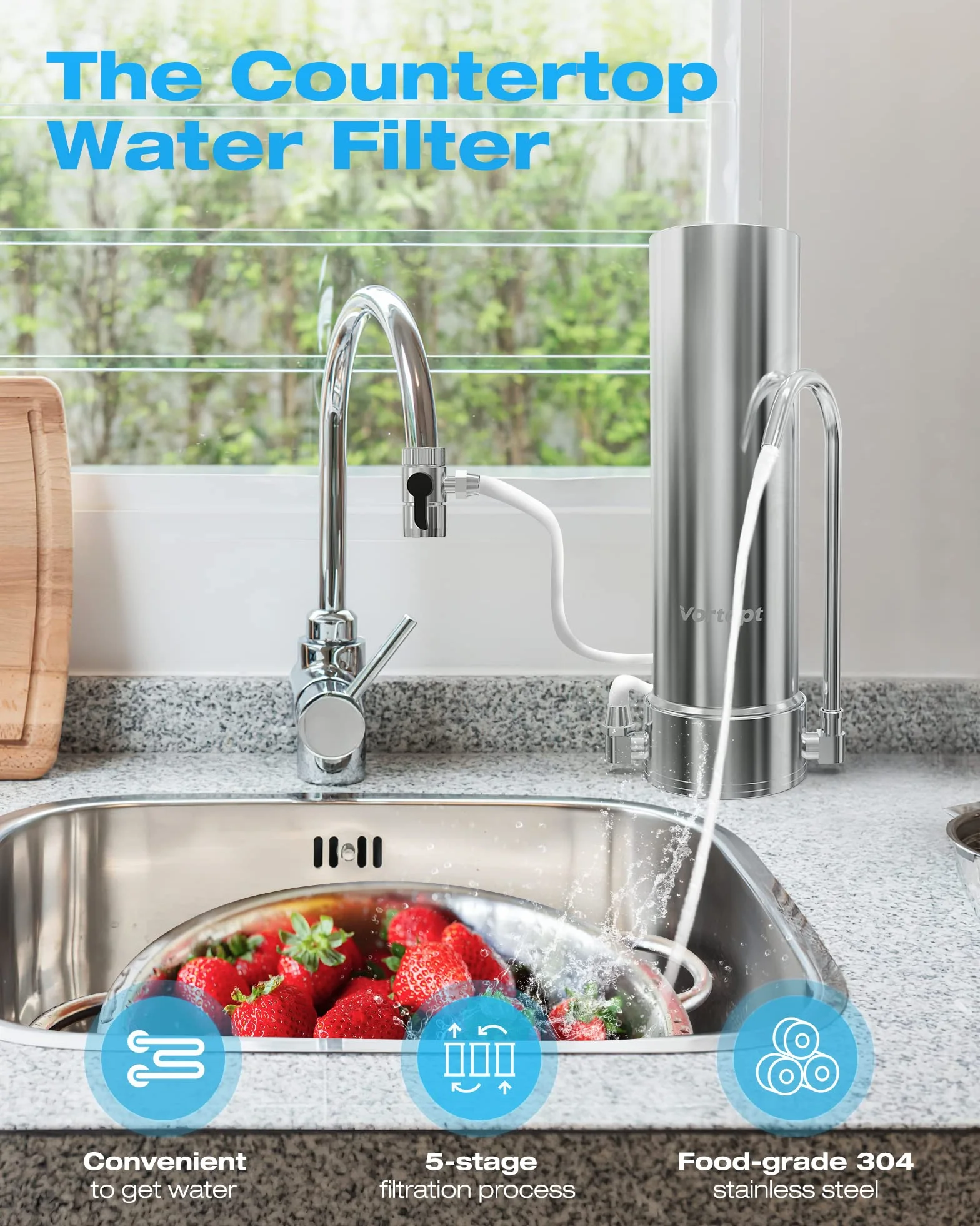 Vortopt Reemplazo certificado NSF para filtración de agua de encimera, 6-8 meses de vida útil, reduce el cloro, el sabor y el olor Filtro de agua de encimera F7 (1 incluido)