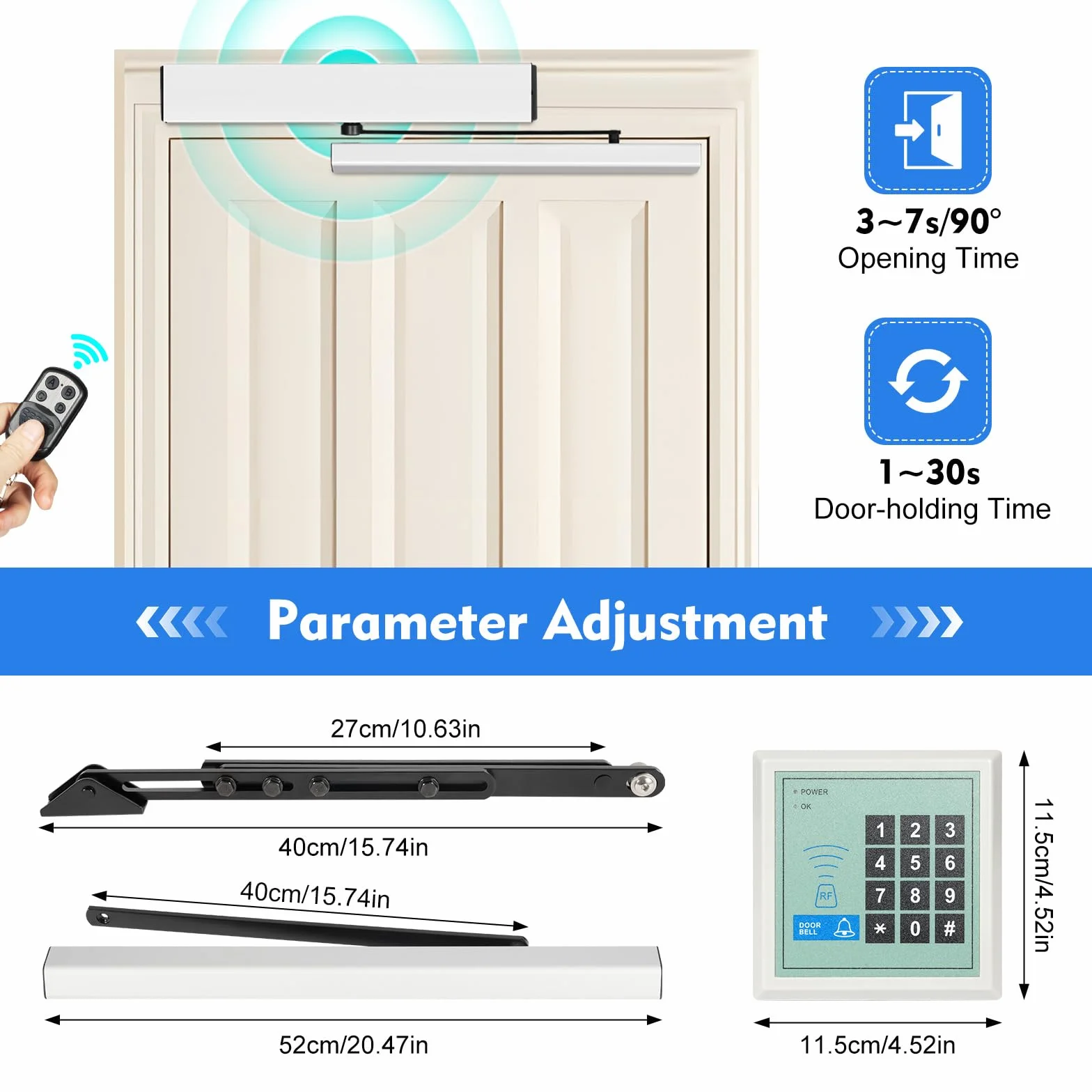 Abridor de Puerta Automático 50W Accionamiento Automático para Puerta 120 Grados Automatic Swing Door Opener 15m Remote Control 30kg Closing Force IP12D con 5 ID Cards y 1 Sensor