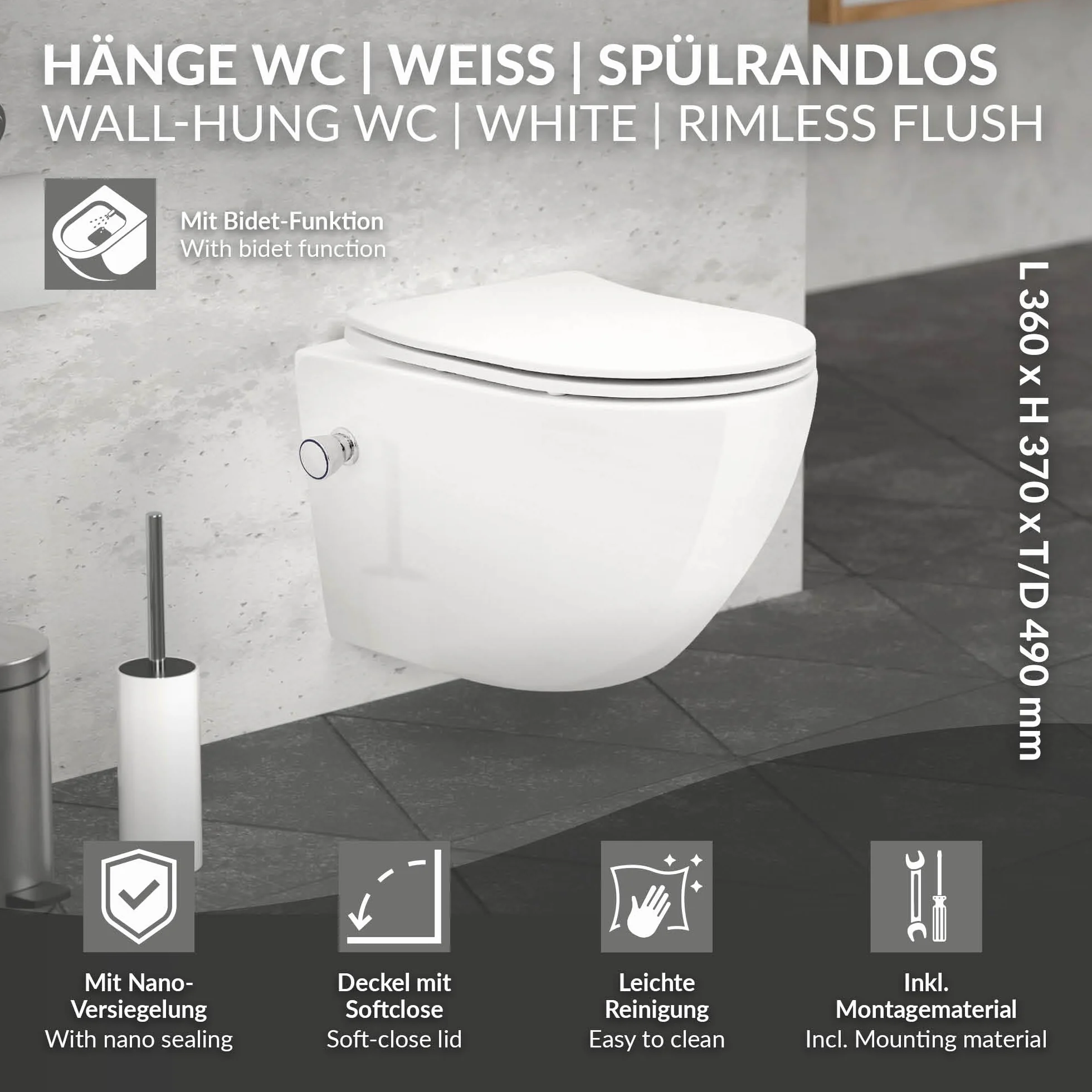 LuxeBath WC Cerámico Suspendido Corto 49cm con Función de Bidé con Nanorecubrimiento, Inodoro Colgante Blanco Mate sin Cisterna, Asiento de WC Extraíble con Softclose en Duroplast Bajada Automática