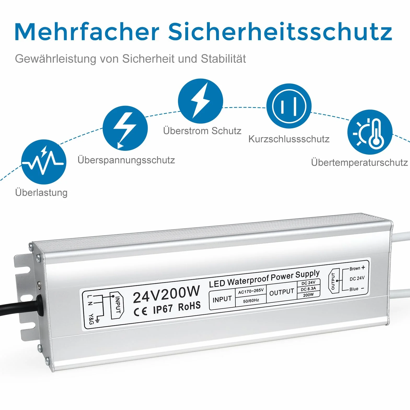 inShareplus Transformador LED de 24 V, 8,33 A, 200 W, IP67, resistente al agua, controlador para exteriores, CA 170-265 V a CC 24 V, transformador de bajo voltaje, fuente de alimentación de 24 V para