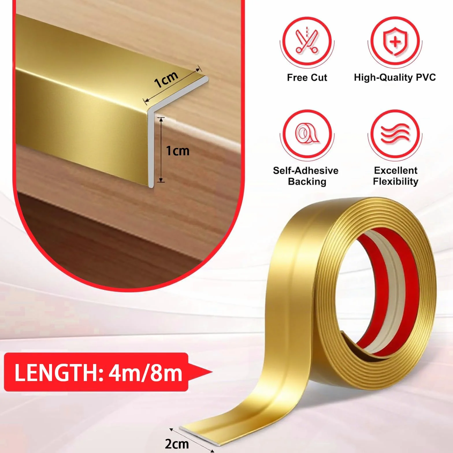 Molduras de Pared Autoadhesivas Flexible Decorativas Pared, Protector Esquinas Pared para Protección de Esquinas y Techos (Oro, 2cm x 4m)