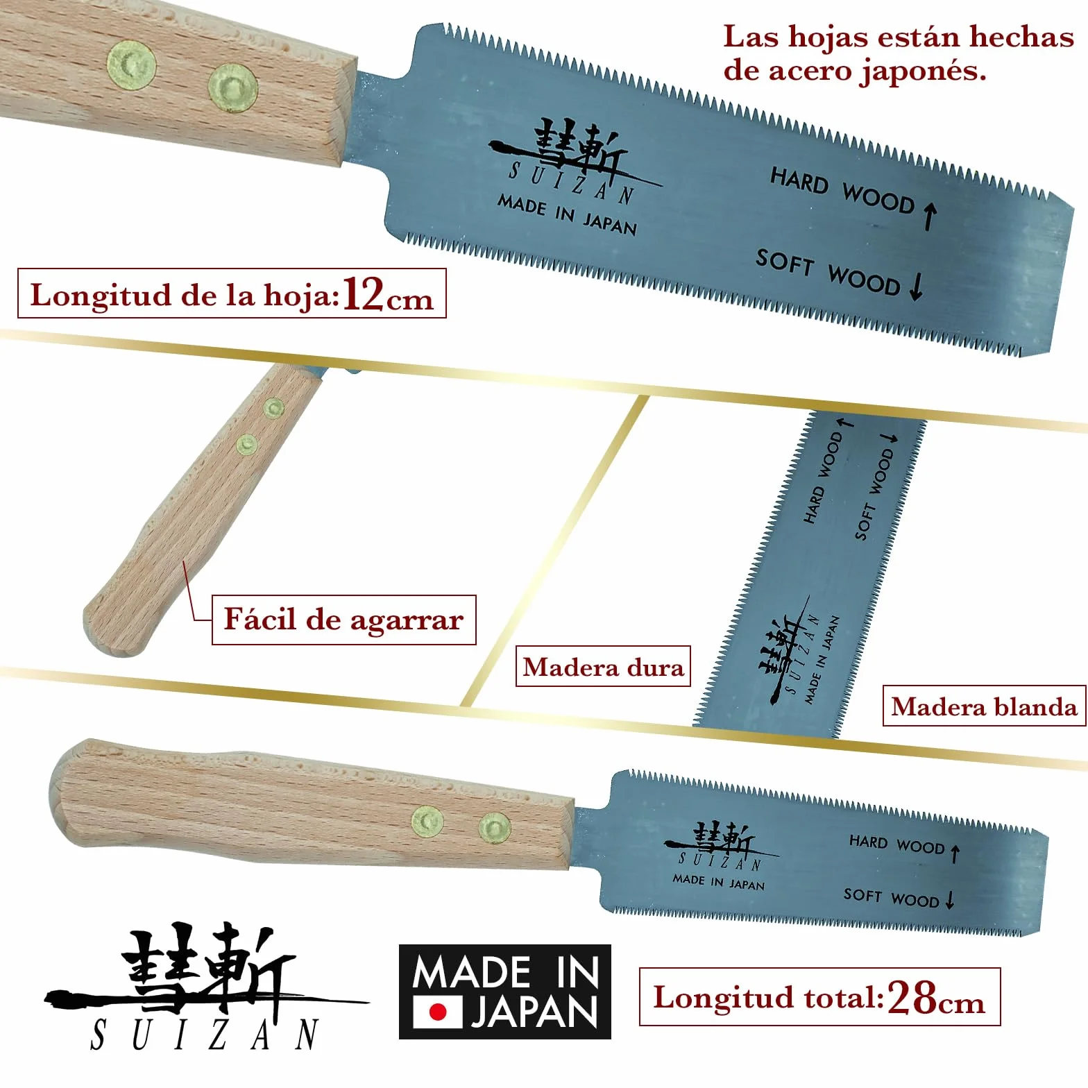 SUIZAN Sierra japonesa de corte al ras 120mm - Ryoba Serrucho de mano doble filo profesional Herramientas carpinteria madera