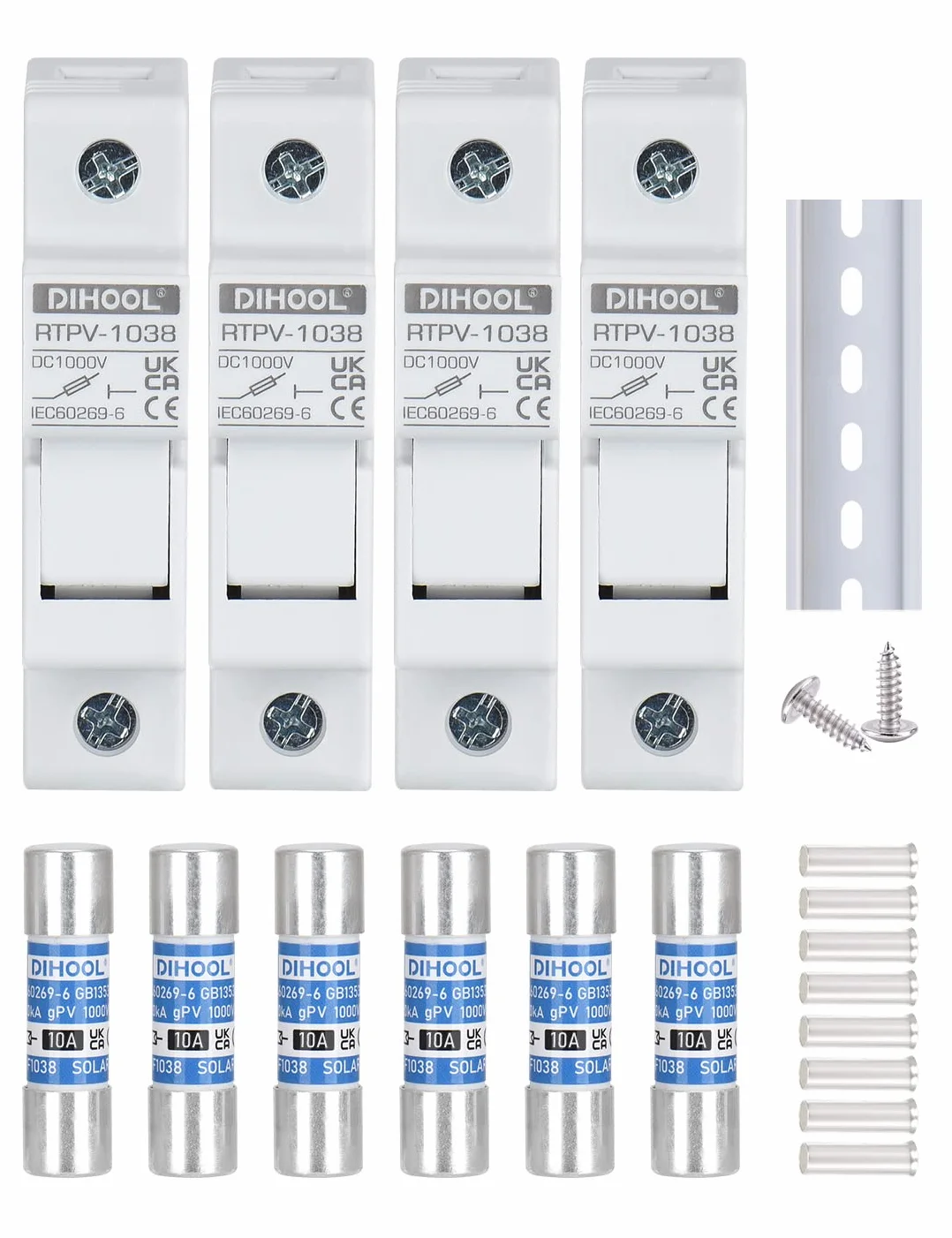 DIHOOL Instalación de guía DIN de 1 polo dc1000v 10 x 38 mm, fusibles fotovoltaicos 10a (4 fusibles y 6 fusibles)