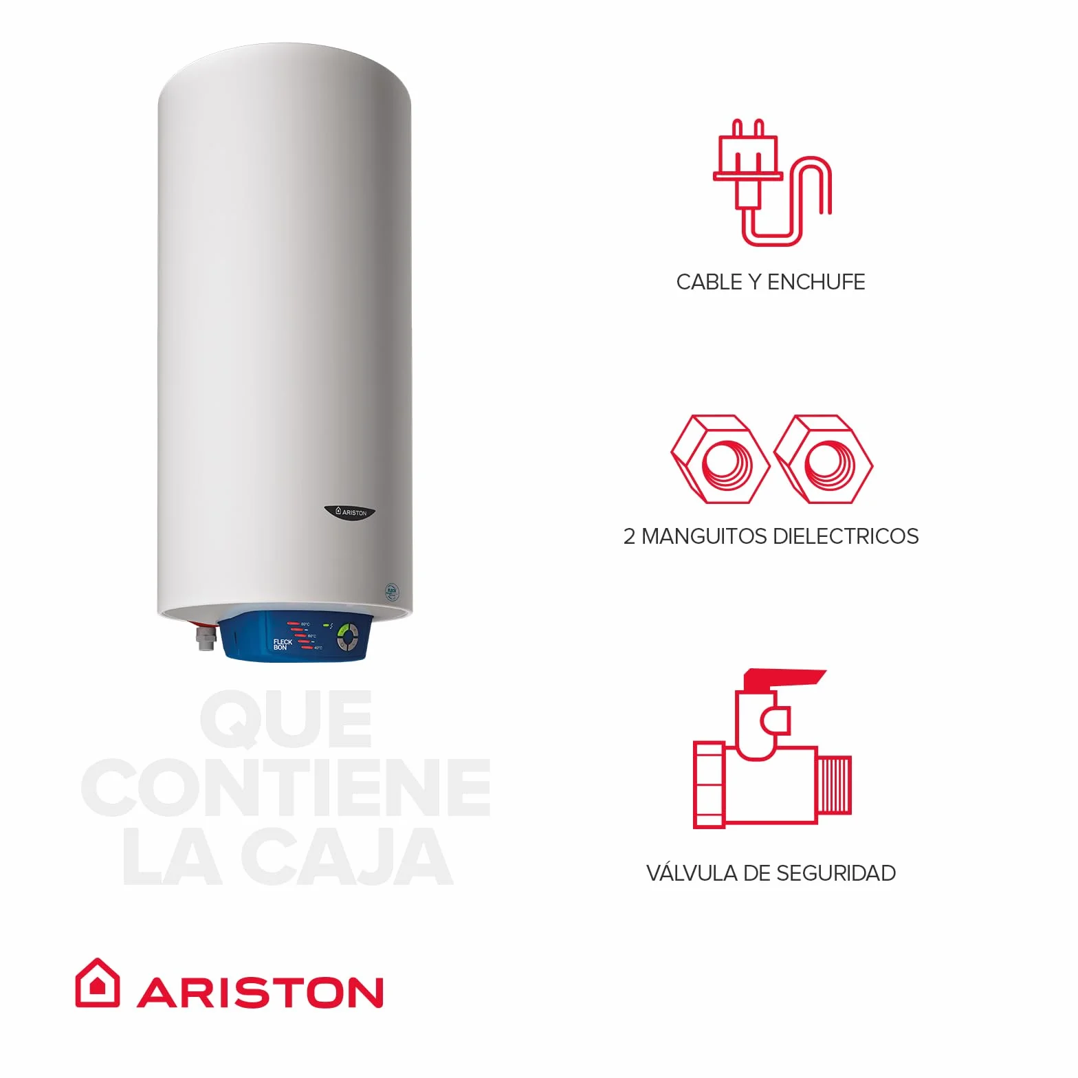Ariston, Fleck Bon - Termo Eléctrico 50 Litros, Calentador de Agua Eléctrico Horizontal/Vertical Seguro y Eficiente 35.3x38x85.5cm, Calentadores para Instalación en España - Eficiencia B, Rango (A+/F)