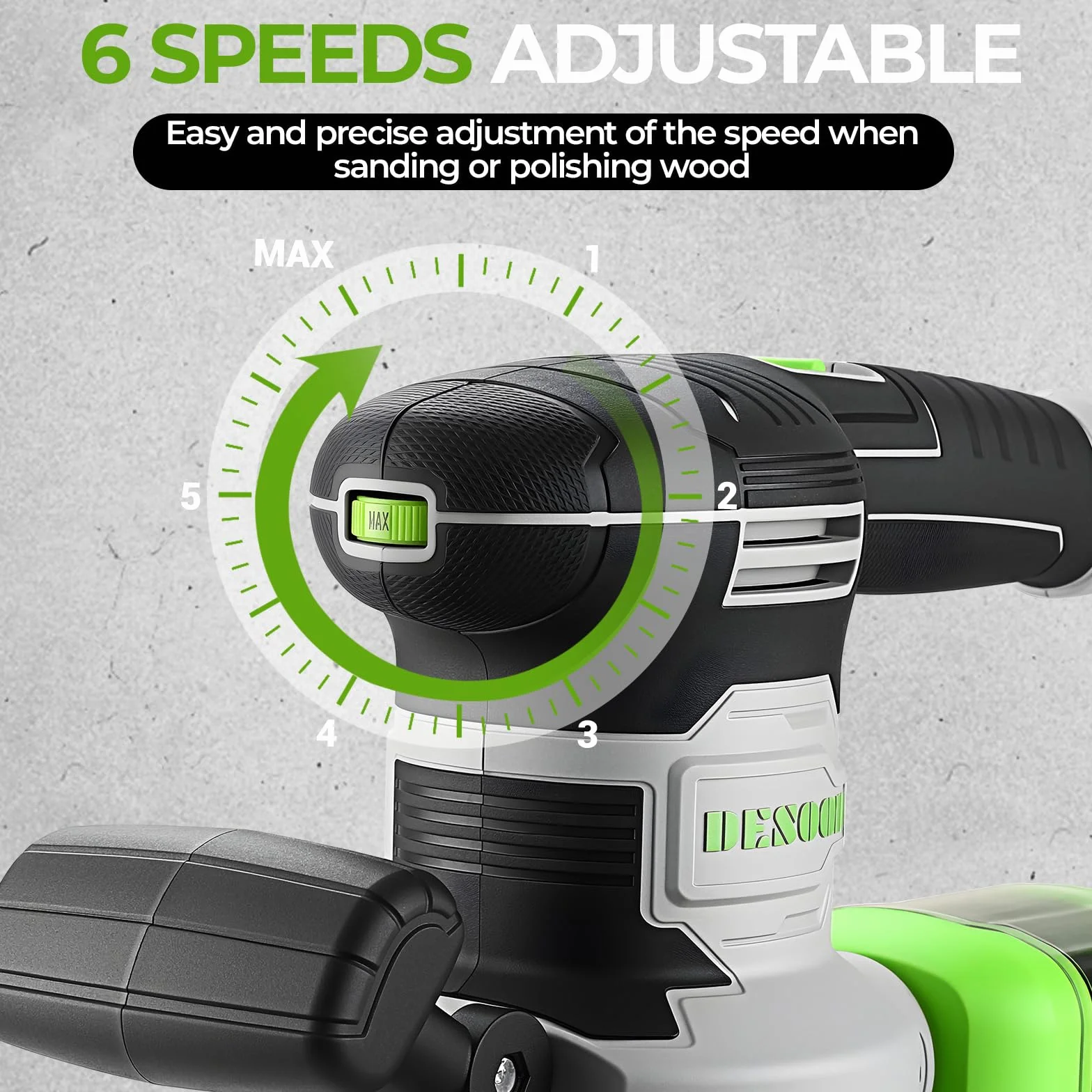 DESOON Lijadora Orbital 450W, con 31 hojas de lija, 6 velocidades, 14000 rpm, platos de lijado intercambiables de 125 mm y 150 mm, Apta para el lijado y pulido de madera