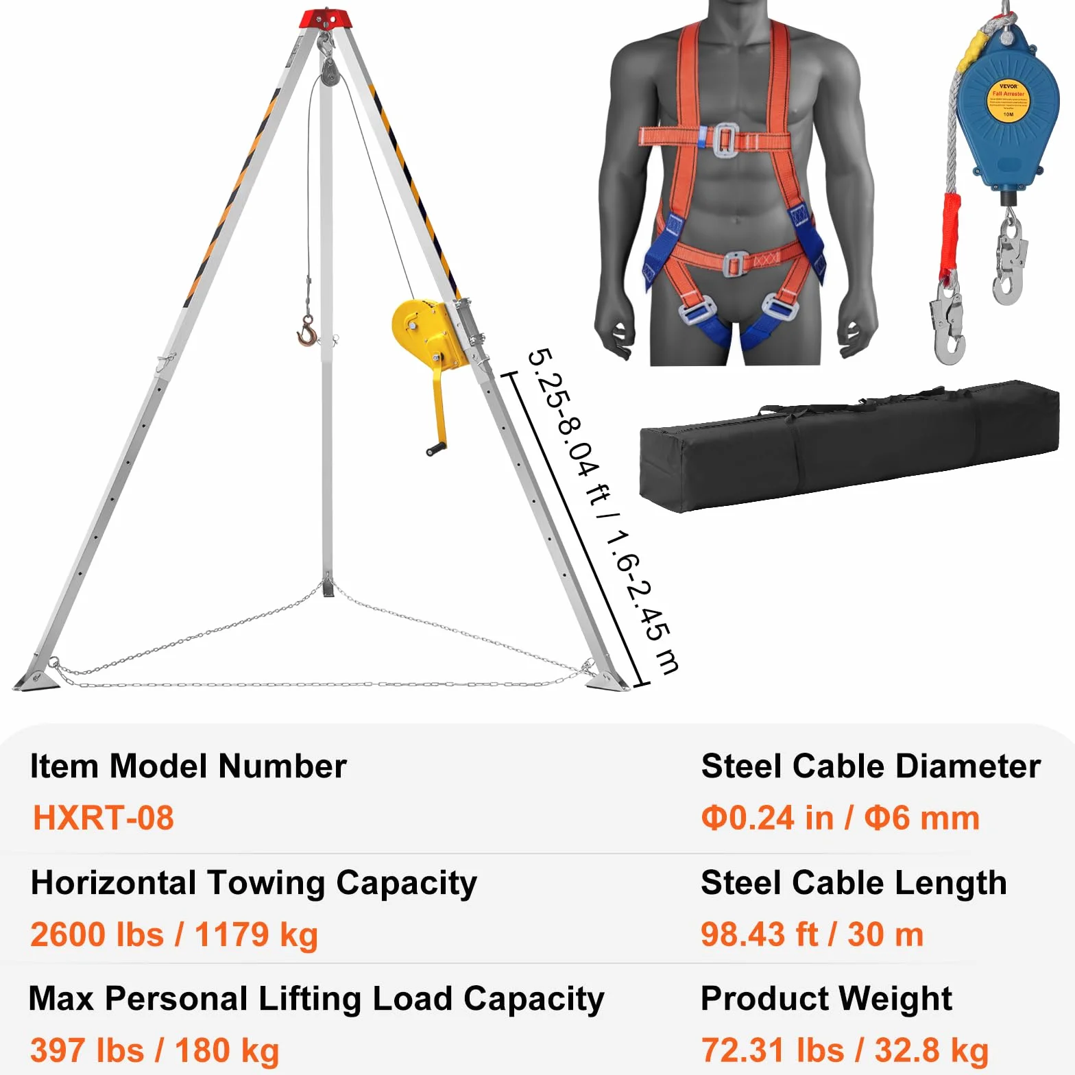 VEVOR Kit de trípode para espacios confinados, trípode de rescate de 2500 lbs, patas de 1,6 a 2,45 m, cable de 30 m, protección contra caídas de 32,8', arnés, bolsa de almacenamiento
