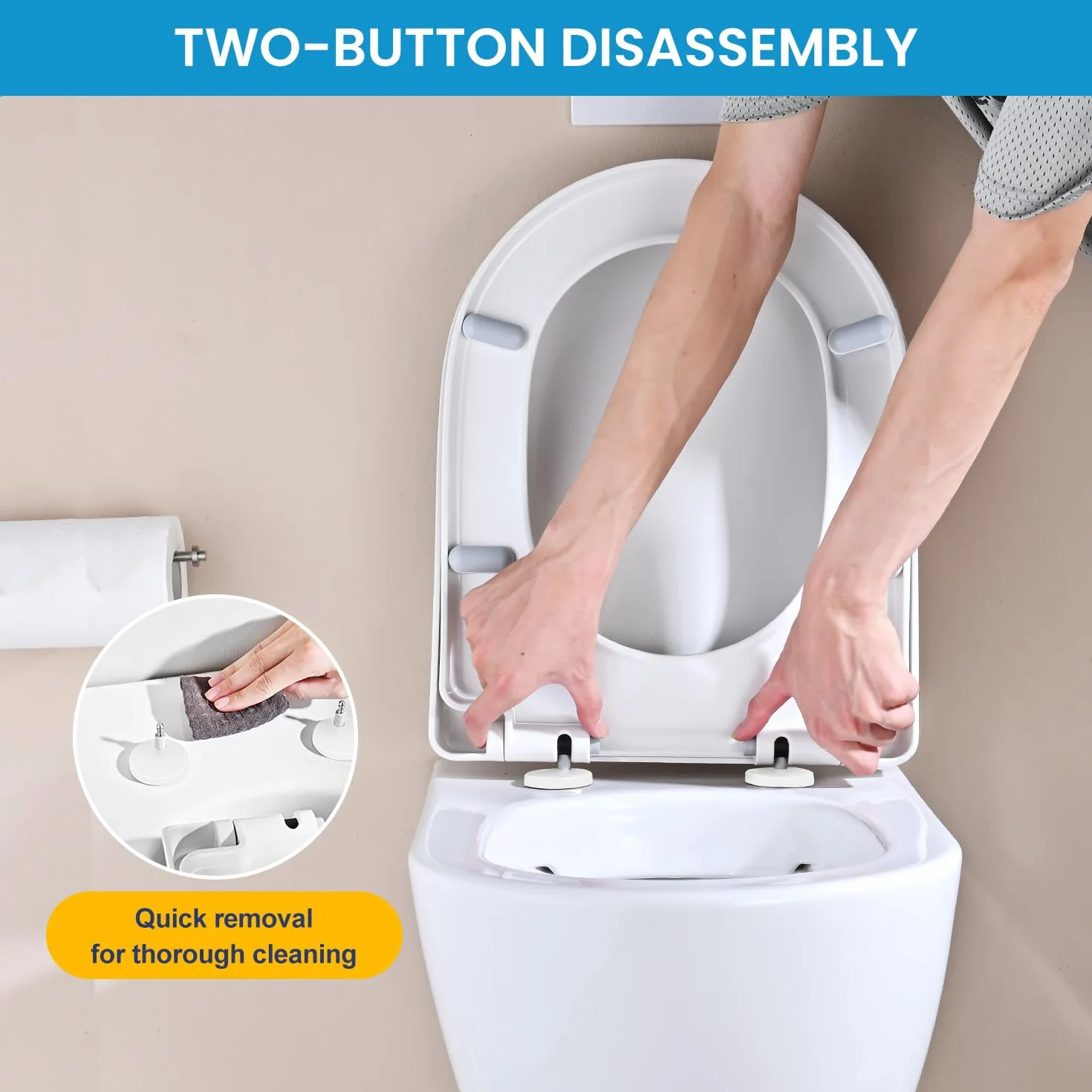 YEAUPE PRO Tapa WC Universal Forma de D [LARGO], Asiento de Inodoro de Cierre Suave con Liberación Rápida para una Fácil Limpieza, 45 x 36,1 x 5cm, Incluye plantilla de instalación