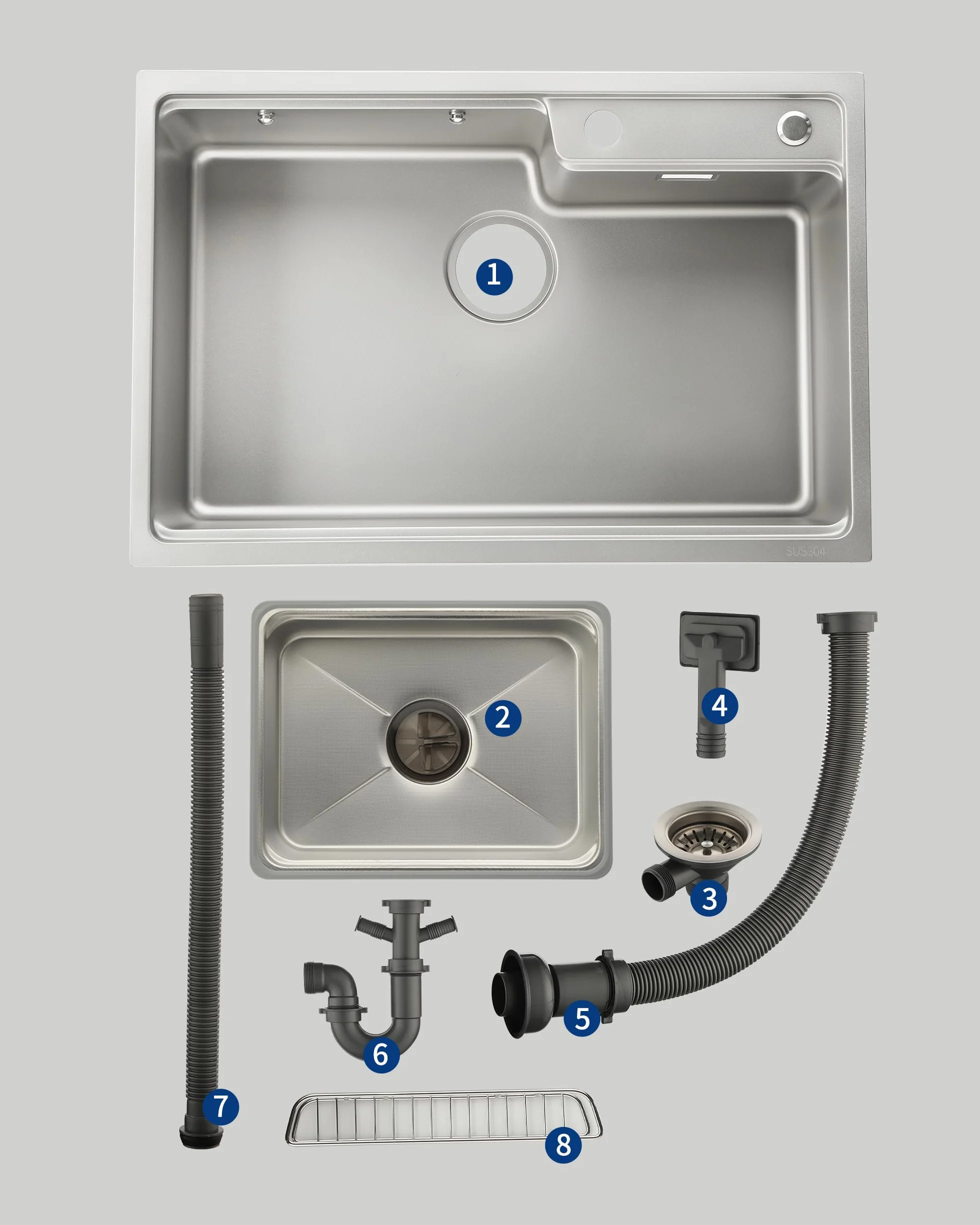Fregadero de Cocina de Acero Inoxidable 68x46 cm, 1 Cubeta con Sifón, Desbordamiento y Accesorios de Vaciado, Fregadero Moderno Multifuncional para Encimeras > 80 cm (Plateado)