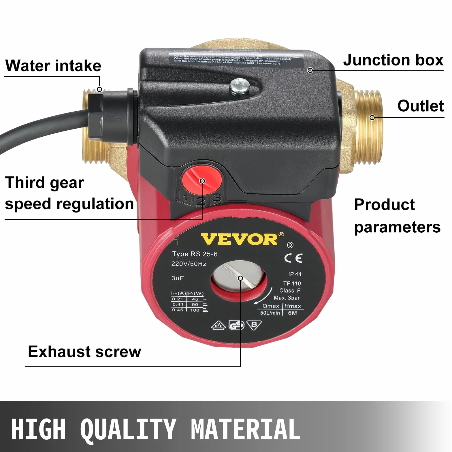 VEVOR Bomba de Circulación de Agua 50 L/min, 3 Velocidades, 90 W