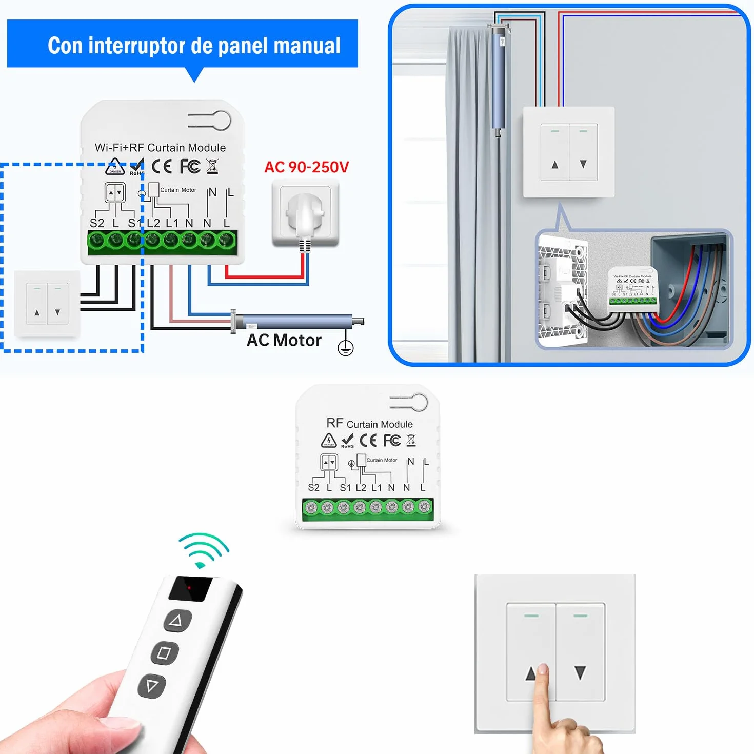 Interruptor De Persianas Por Radio, Receptor De Módulo De Relé Inalámbrico Con Rango De Control Remoto RF De Hasta 100M Receptor De Relé De 2200W Para Persianas Eléctricas