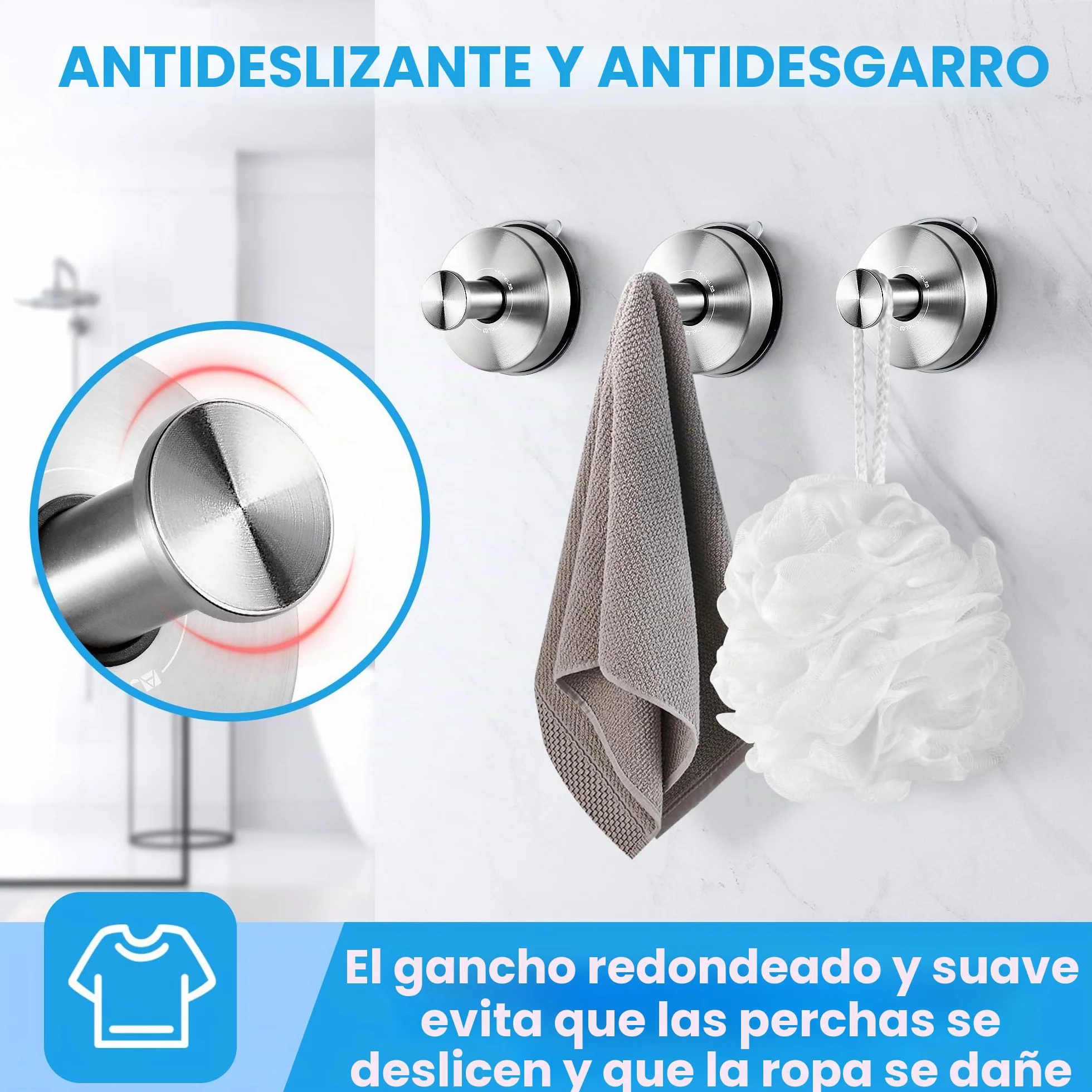 JOMOLA Gancho ventosa de Vacío Gancho de Succión Super Toalleros de gancho Colgador Ventosa para Pared Baño Cocina para Colgar Llaves Abrigos Ropa Bolsos Ducha Acabado Cepillado, 2 Piezas