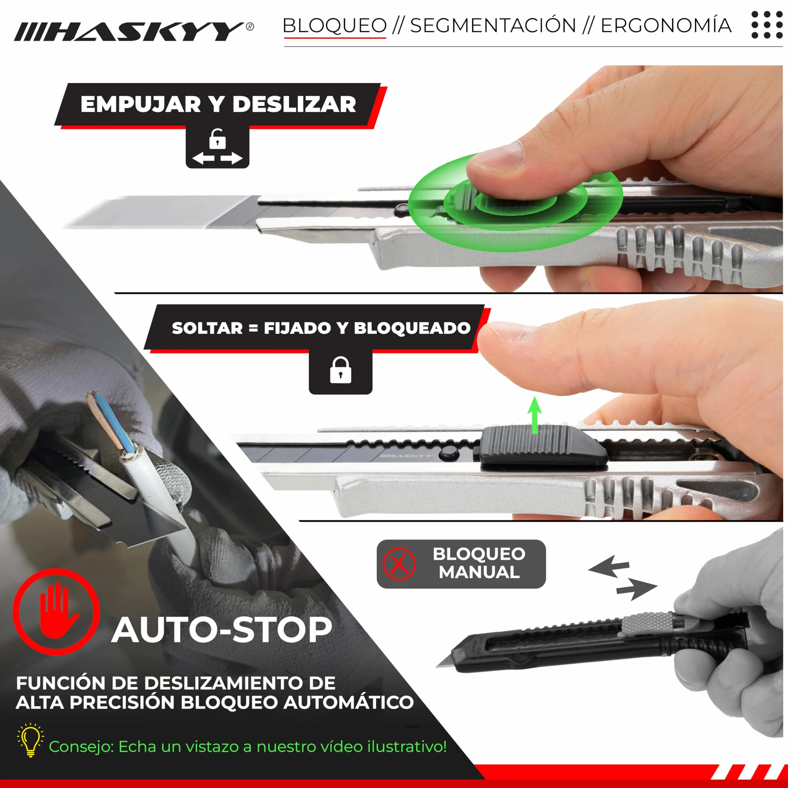 HASKYY Pack 2 Cúteres Profesionales 18mm + 5 Hojas SK5 Premium - Navajas de Seguridad con Auto-Lock