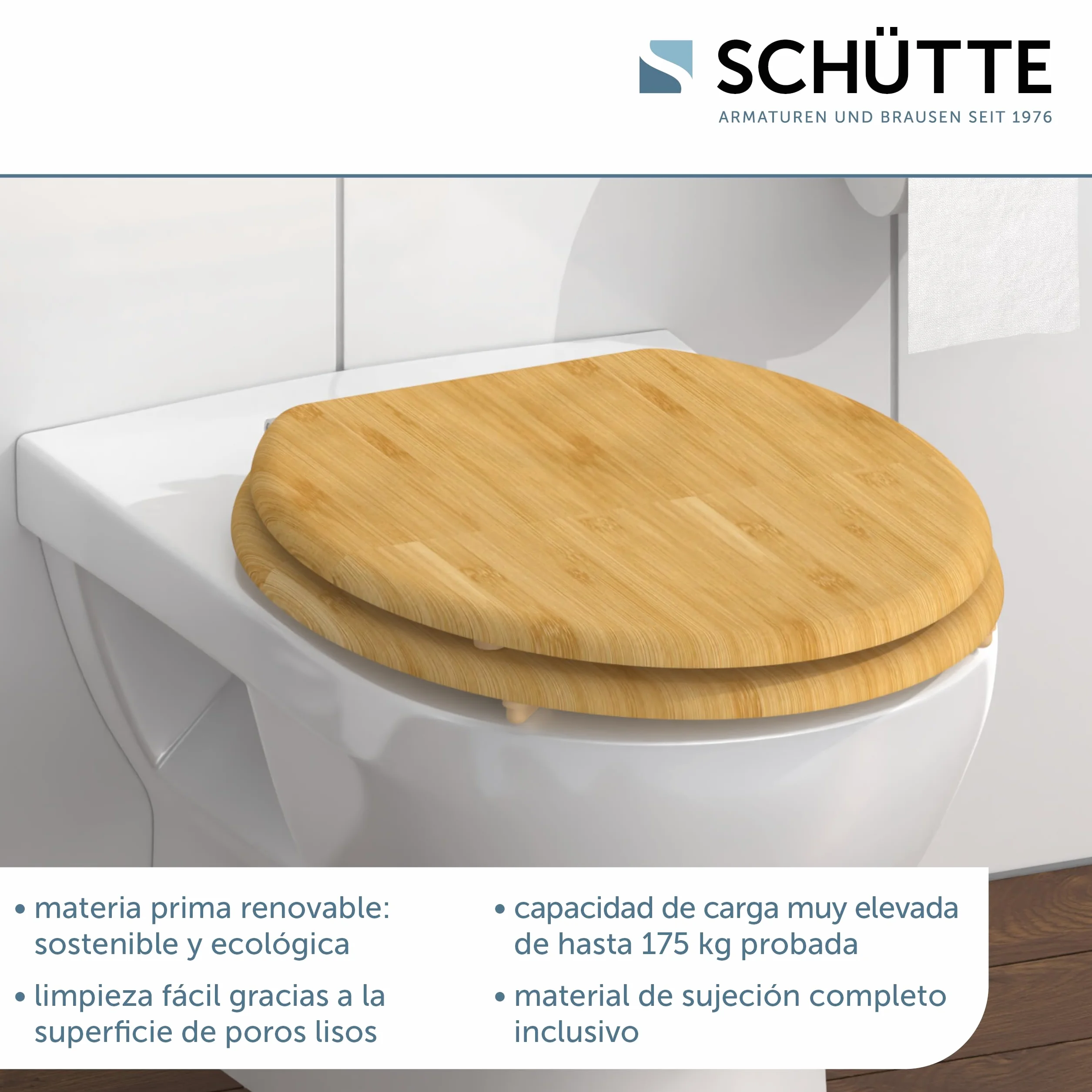 Schütte 81001-A Bambú Sólido Tapa Sostenible Madera Fabricado Adecuado para Todos los Estándares Carga Máxima Asiento Inodoro 150kg
