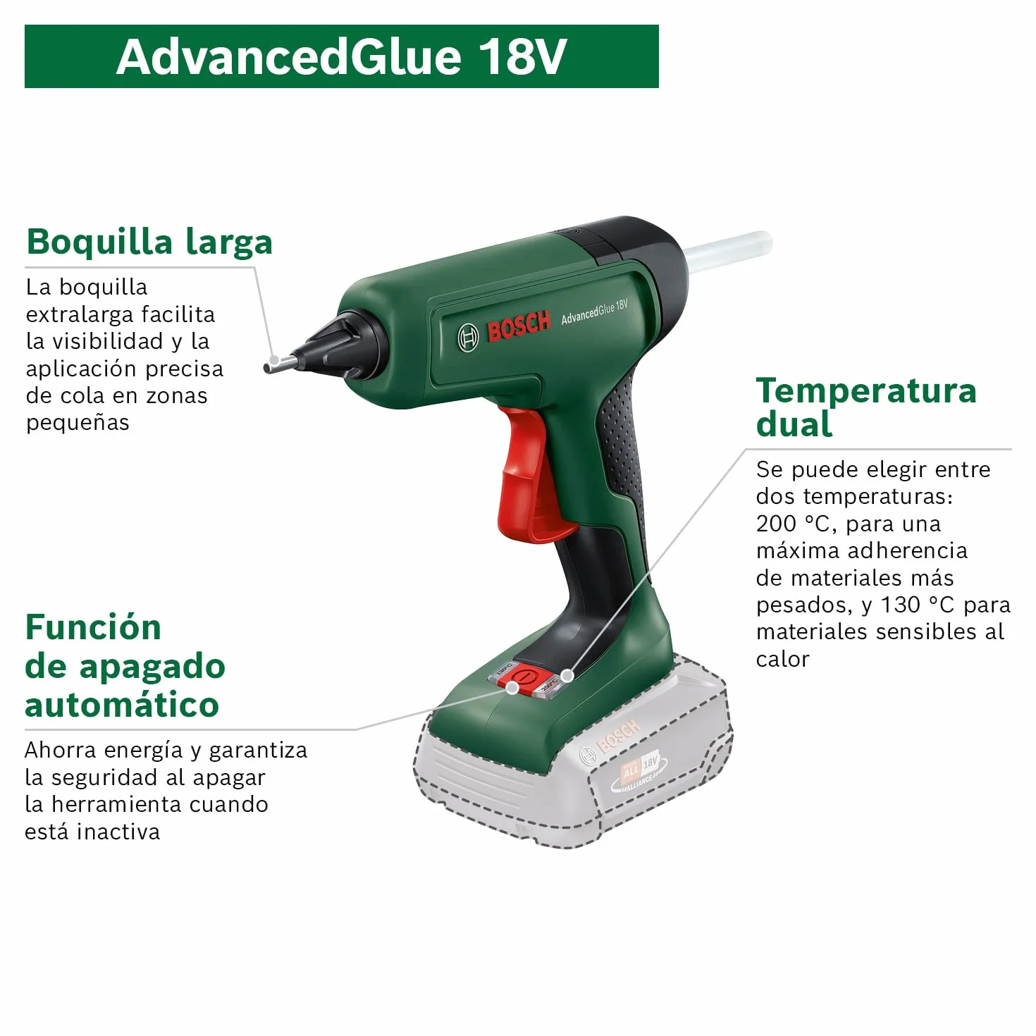 Bosch pistola de pegar a batería AdvancedGlue 18V (sin batería; sistema 18 V; 4 barras de cola; calienta en 90 s; modo doble temp. 130 °C - 200 °C; para bricolaje, reparación y más; embalaje cartón)