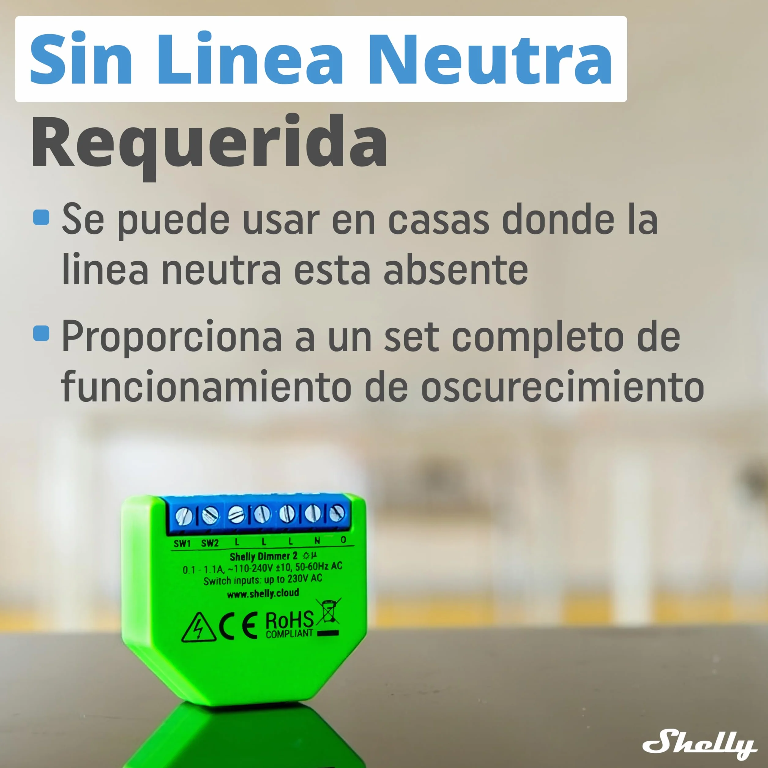 Shelly Dimmer 2, Módulo Regulador de Luz W-Fi, Atenuador Inalámbrico, No necesita neutro, LED 10-220W, incandescentes/Halógenas 1-220W Compatible con Alexa & Google Home, iOS Android App