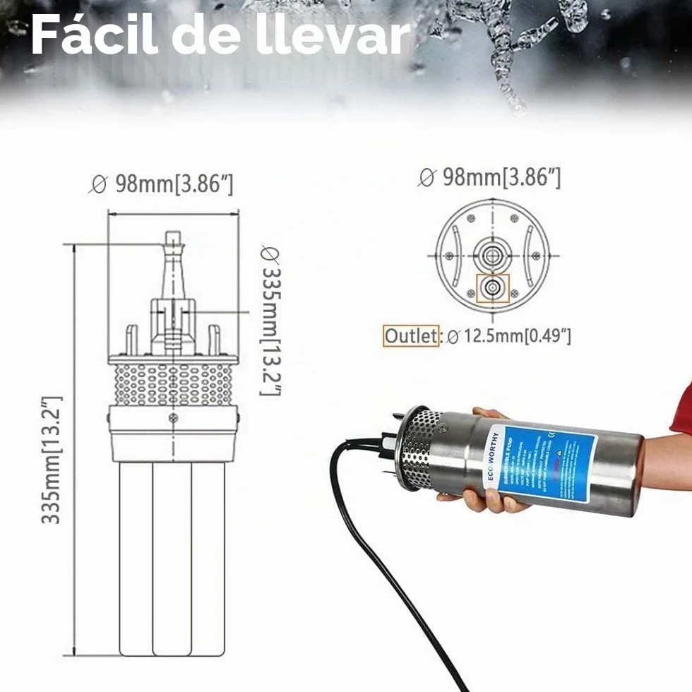 DCHOUSE Bomba Sumergible Acero Inoxidable 12V 230 Pies Elevación 100 Piles Pozo Profundo Agua Solar