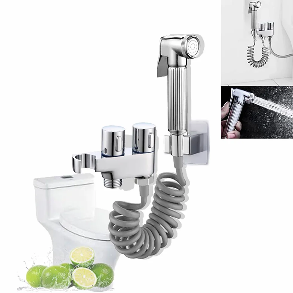 Ducha Higiénica WC con Doble Soporte, Latón Cromado | Manguera espiral flexible | Válvula ajustable | Pistola de latón | Kit bidé WC | Doble soporte