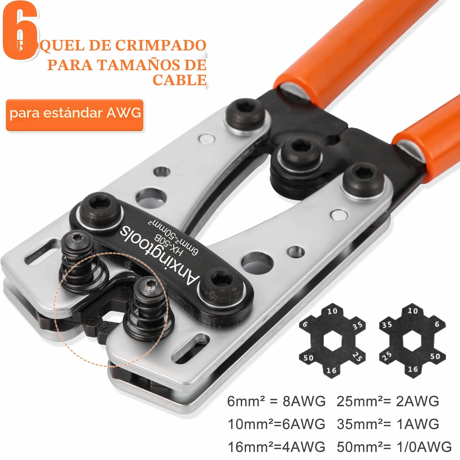 Herramienta de crimpado de cable de batería para terminales de anillo de cobre de batería de 6/10/16/25/35/50 mm², crimpadora resistente para terminales de cable (HX50B crimper+terminals)