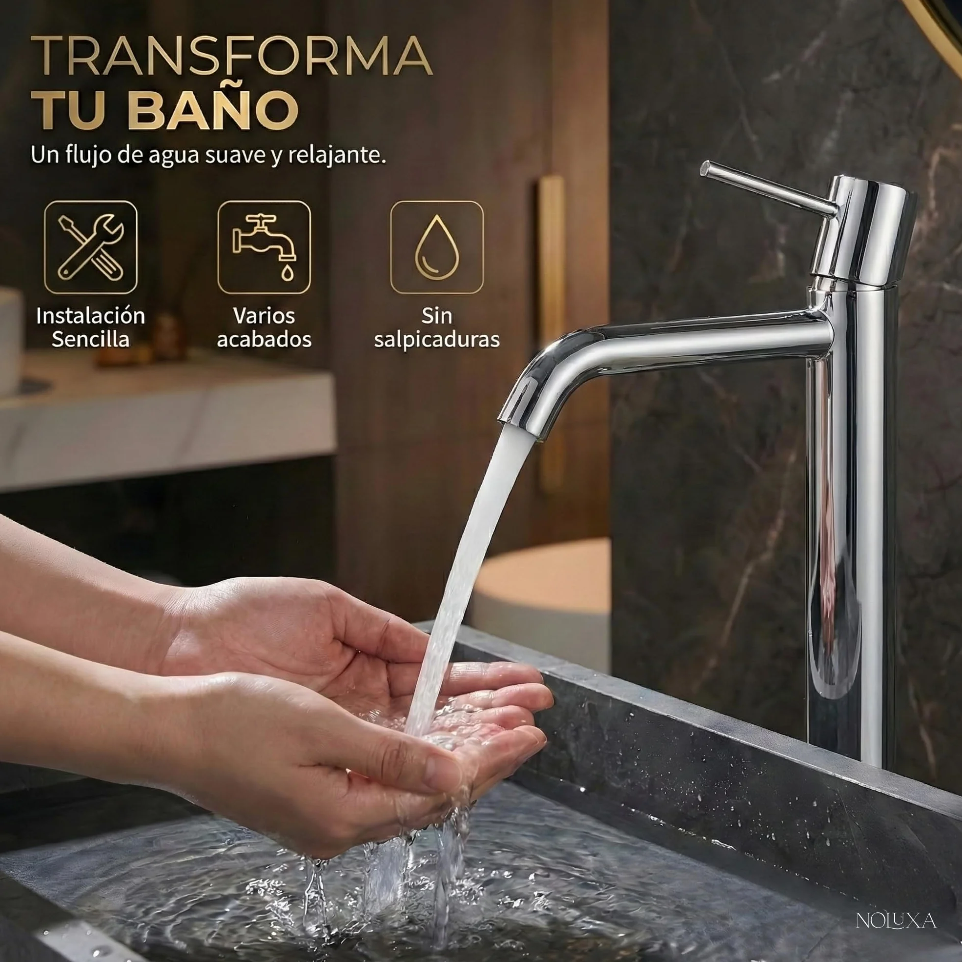 IMEX - Grifo Lavabo Cromado Caño Alto | Grifo Baño Mezclador Agua Fría y Caliente | Grifería Monomando Efecto Cascada con Caño de Latón y Ahorro de Agua | Serie Monza | Color Cromado