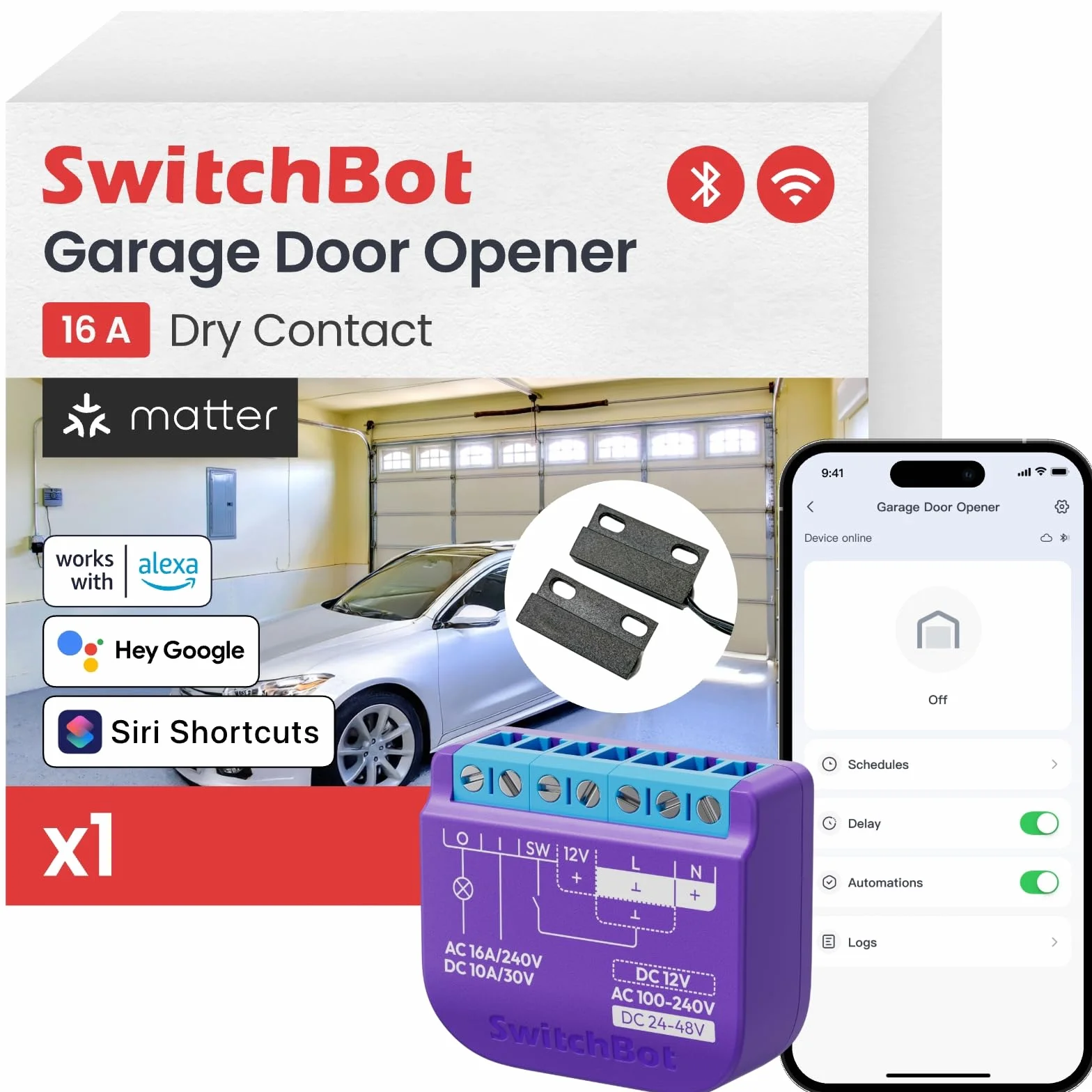 SwitchBot Abridor de puerta de garaje inteligente WiFi, certificado mate, control de aplicación, Alexa/Google/Siri/IFTTT/SmartThings compatible, múltiples modos de notificación, no requiere hub