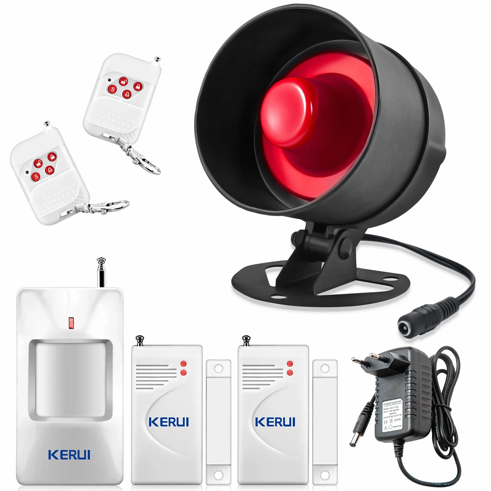 KERUI Alarmas para Casa,125dB Ring Alarm Kits de Seguridad con 1 Sirena, 2 Sensor Puerta,2 Mandos A Distancia,1 Sensores de Movimiento, Alarma Sin Cuotas Trabajo con Garaje, Casa
