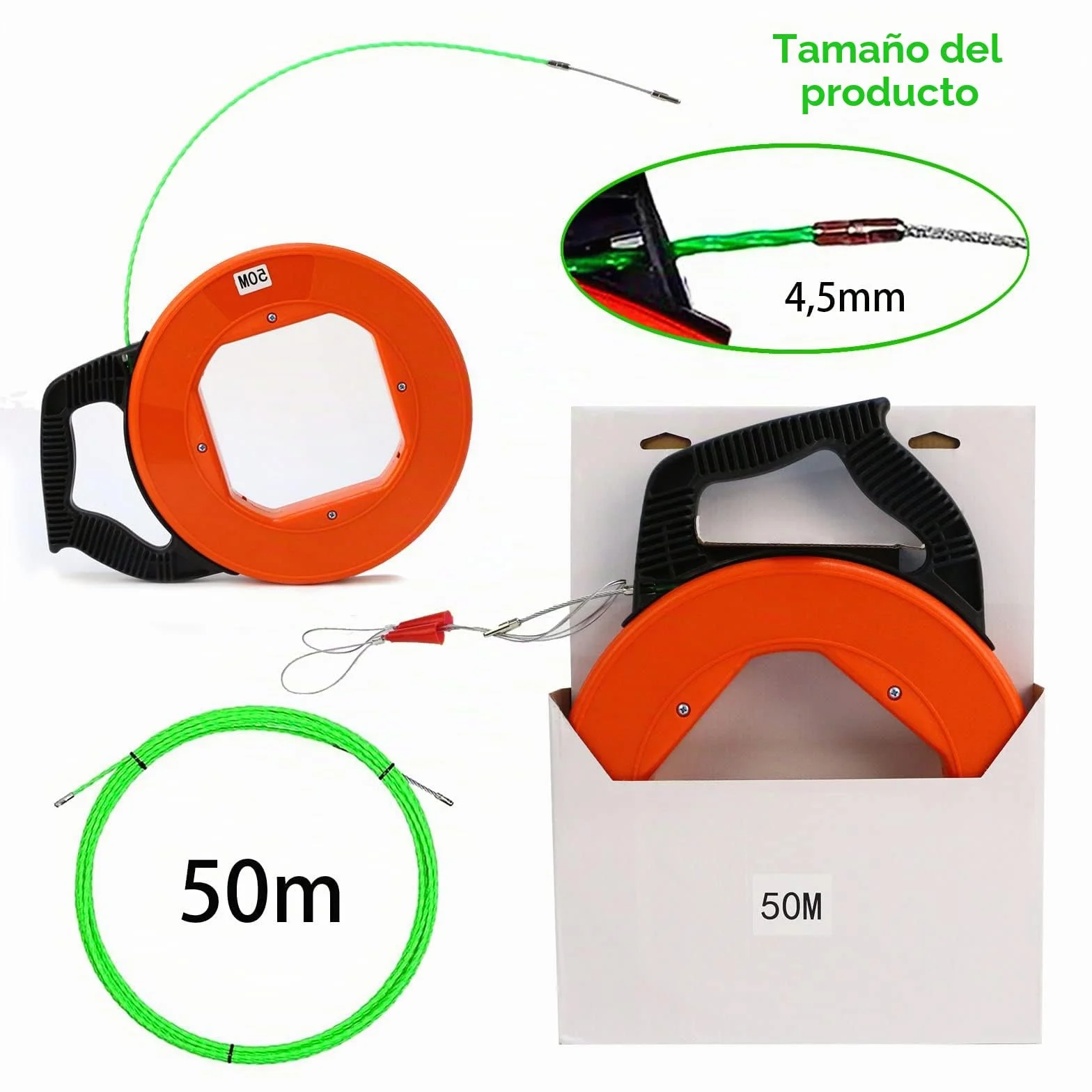 Guia Pasacables, 50m 4,5mm Guia Pasacables Profesional Guia Cables Espiral Guía Pasacables con Guia Cables y 2 Muelles Guía Ayuda de Extracción de Cables para Tirar de Cable