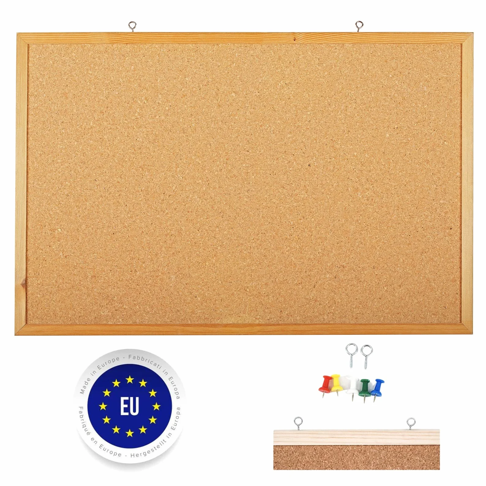 Raylu Paper® Tablero de corcho natural con marco de madera de pino 90 x 60 cm