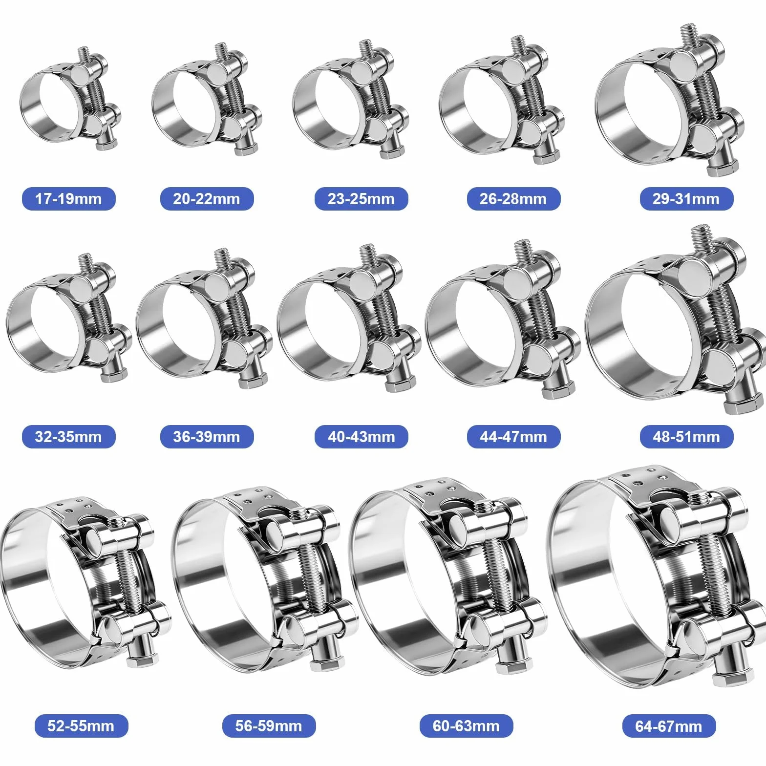 Abrazaderas de manguera, 8 unidades, abrazadera de perno articulado, 23-25 mm, acero inoxidable, tubo de escape, ancho de banda de 18 mm para tubos de escape de motocicletas y tubos de agua