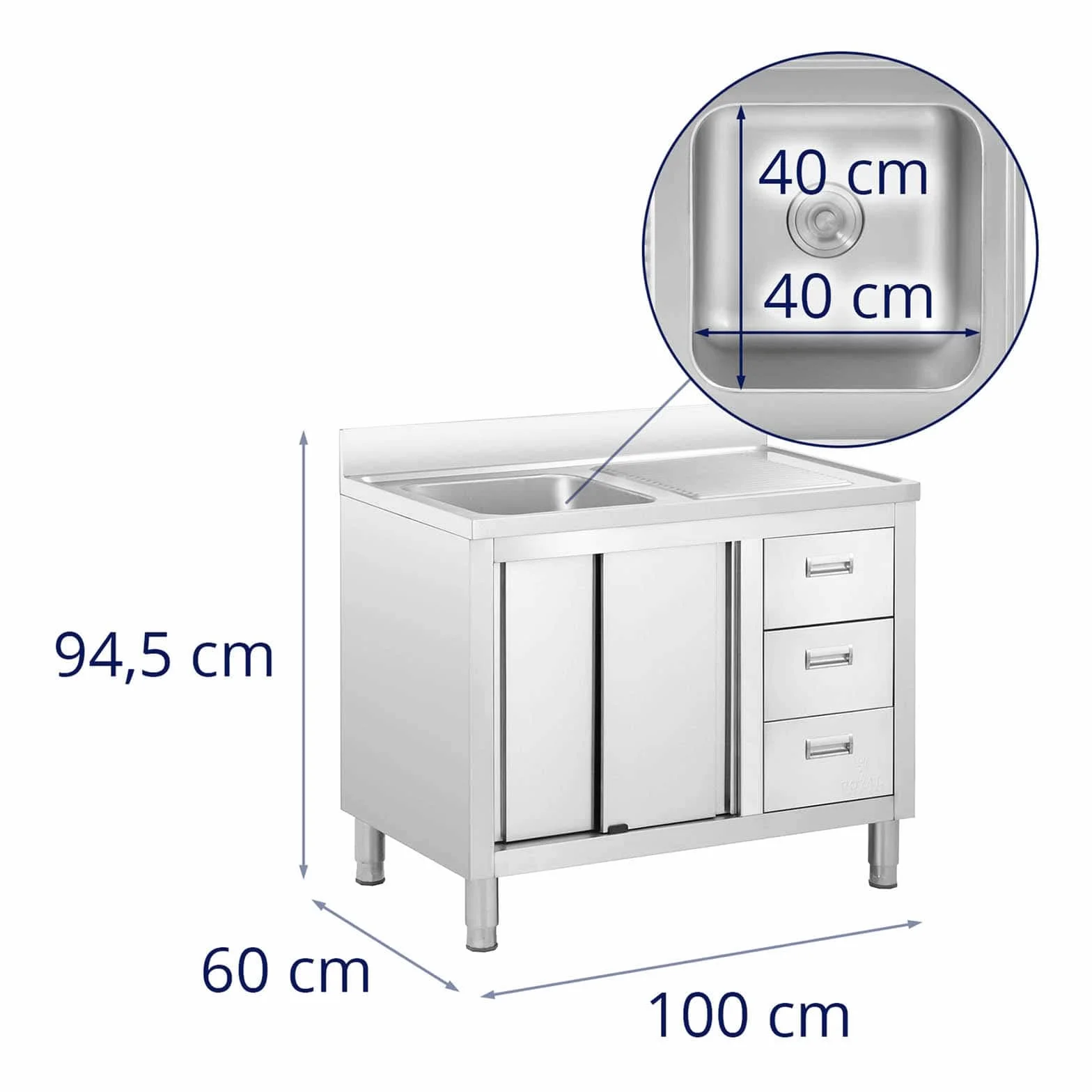 Royal Catering Fregadero Industrial de Cocina RC-IKS10 (Cuba: 400 x 400 x 300 mm, Con armario, Fabricado en acero inoxidable)